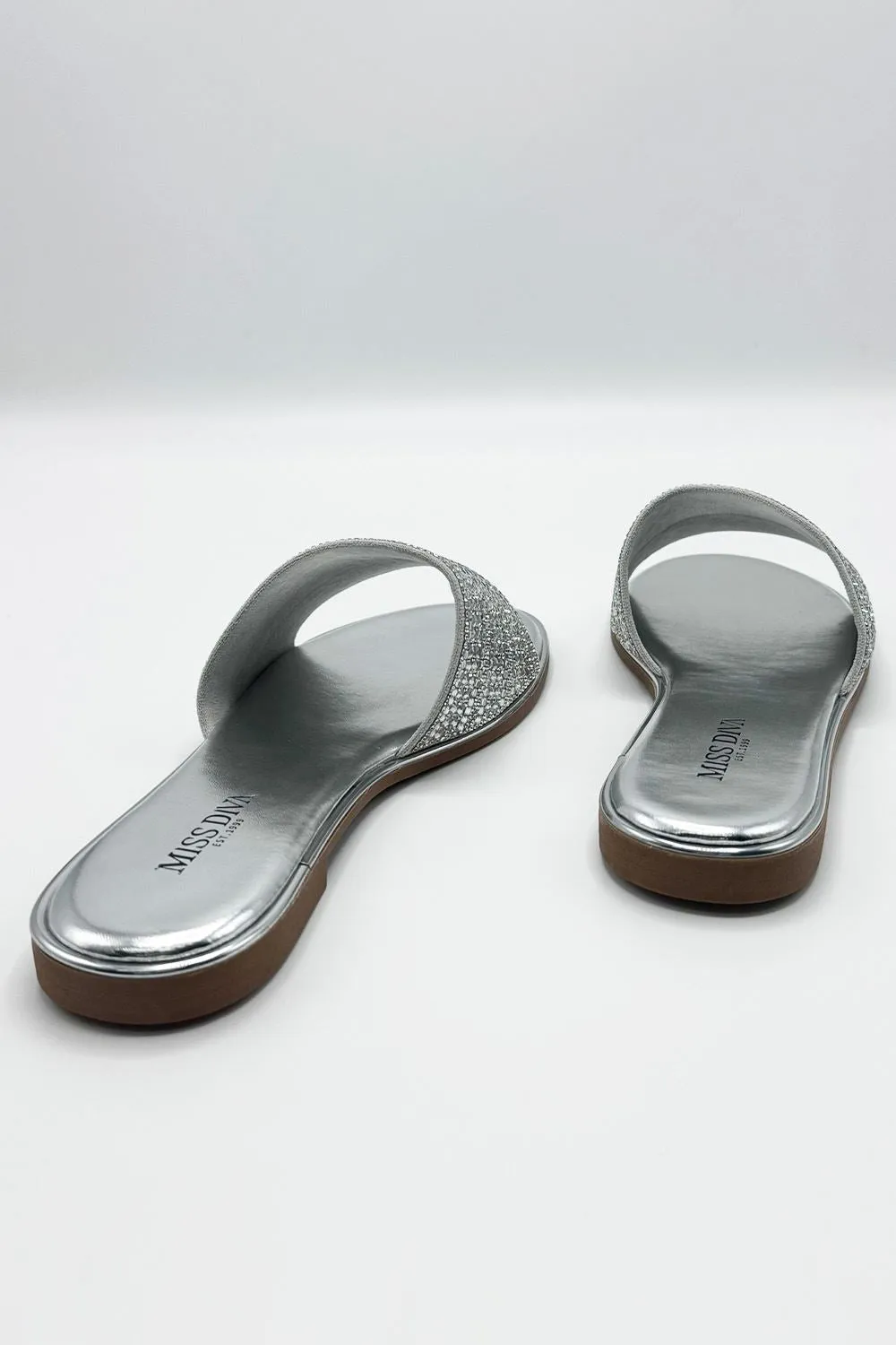 Camille Diamante Embellished Strap Sliders in Silver