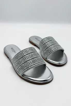 Camille Diamante Embellished Strap Sliders in Silver