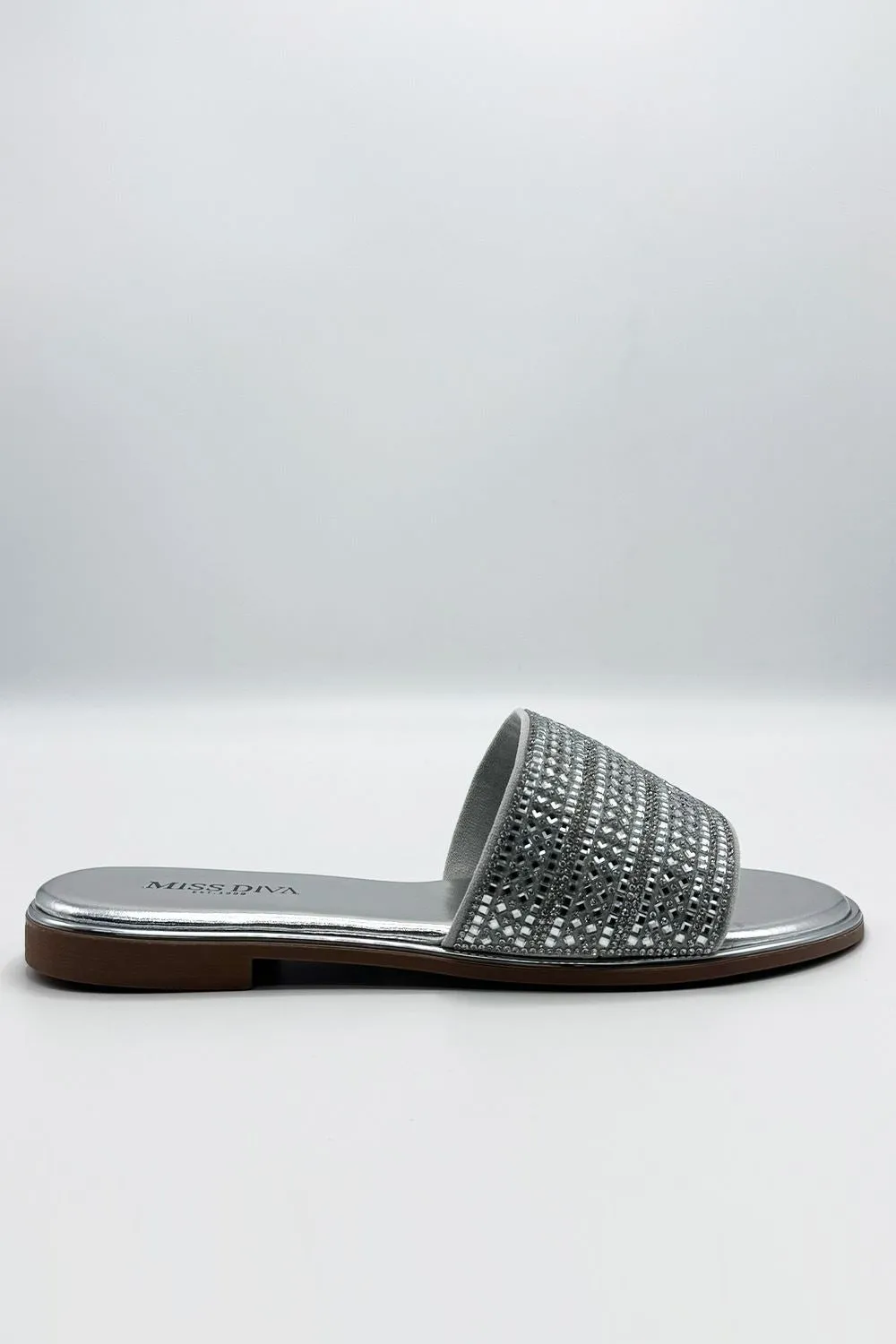 Camille Diamante Embellished Strap Sliders in Silver