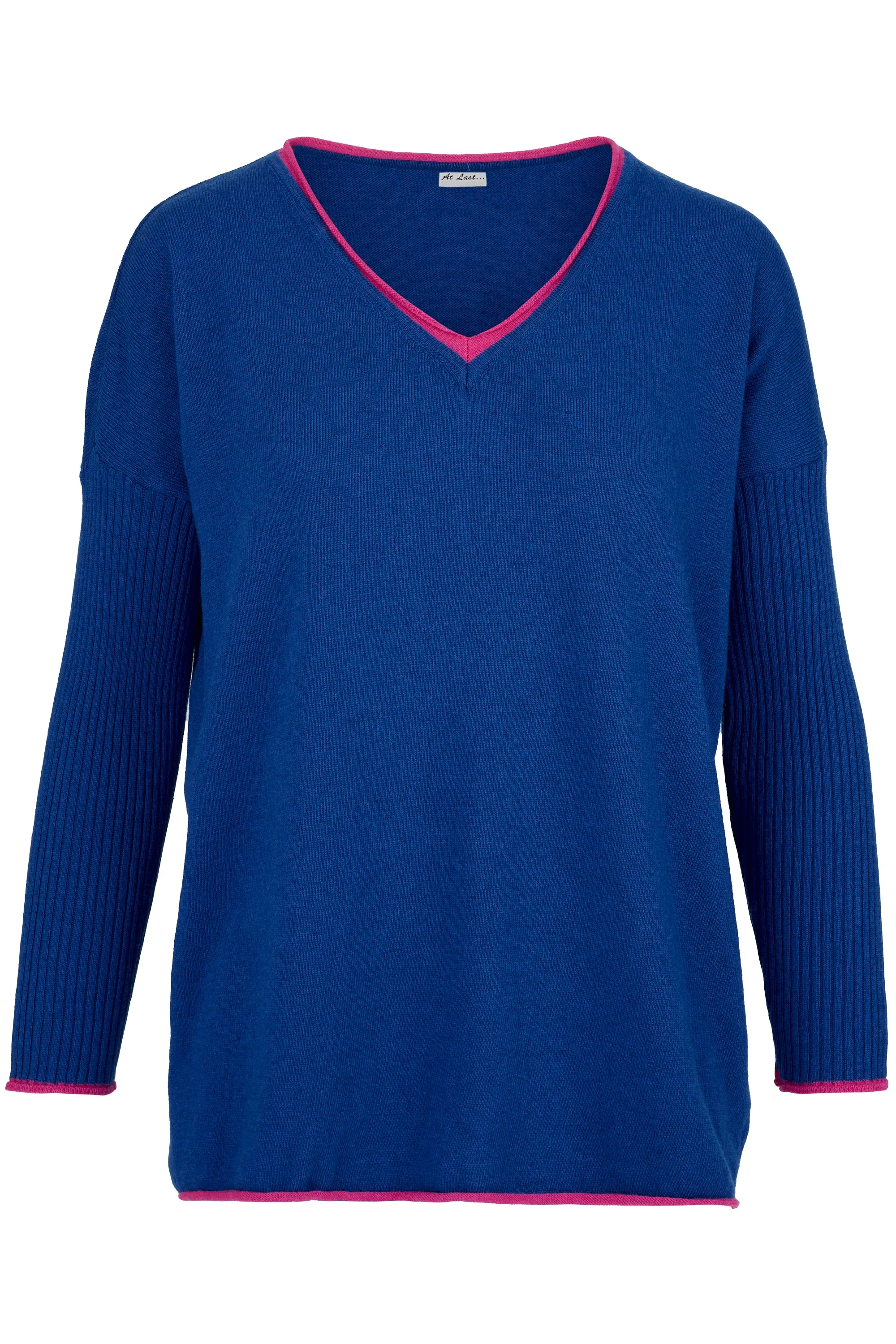 Cashmere Mix Sweater in Royal Blue with Hot Pink V-Neck