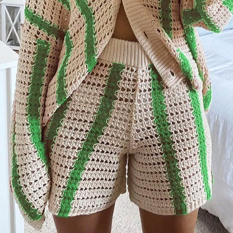 Casual Contrast Striped Crochet Open Knit High Waisted Shorts