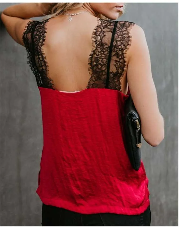 Casual Wide Straps V Neck Lace Camisole Tank Top