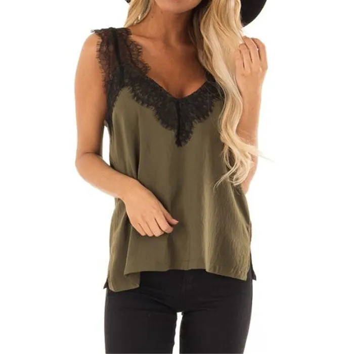 Casual Wide Straps V Neck Lace Camisole Tank Top