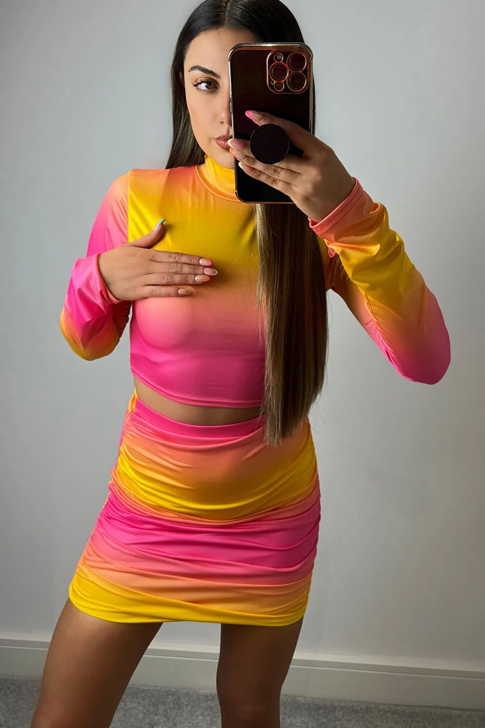 Charlie Pink and Orange Ombre High Neck Crop Top and Ruched Mini Skirt Co-Ord Set