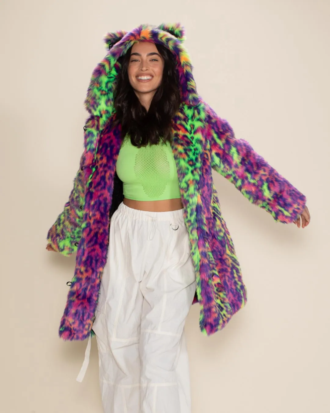 Classic Women's Faux Fur Coat | Neon Disco Kitty