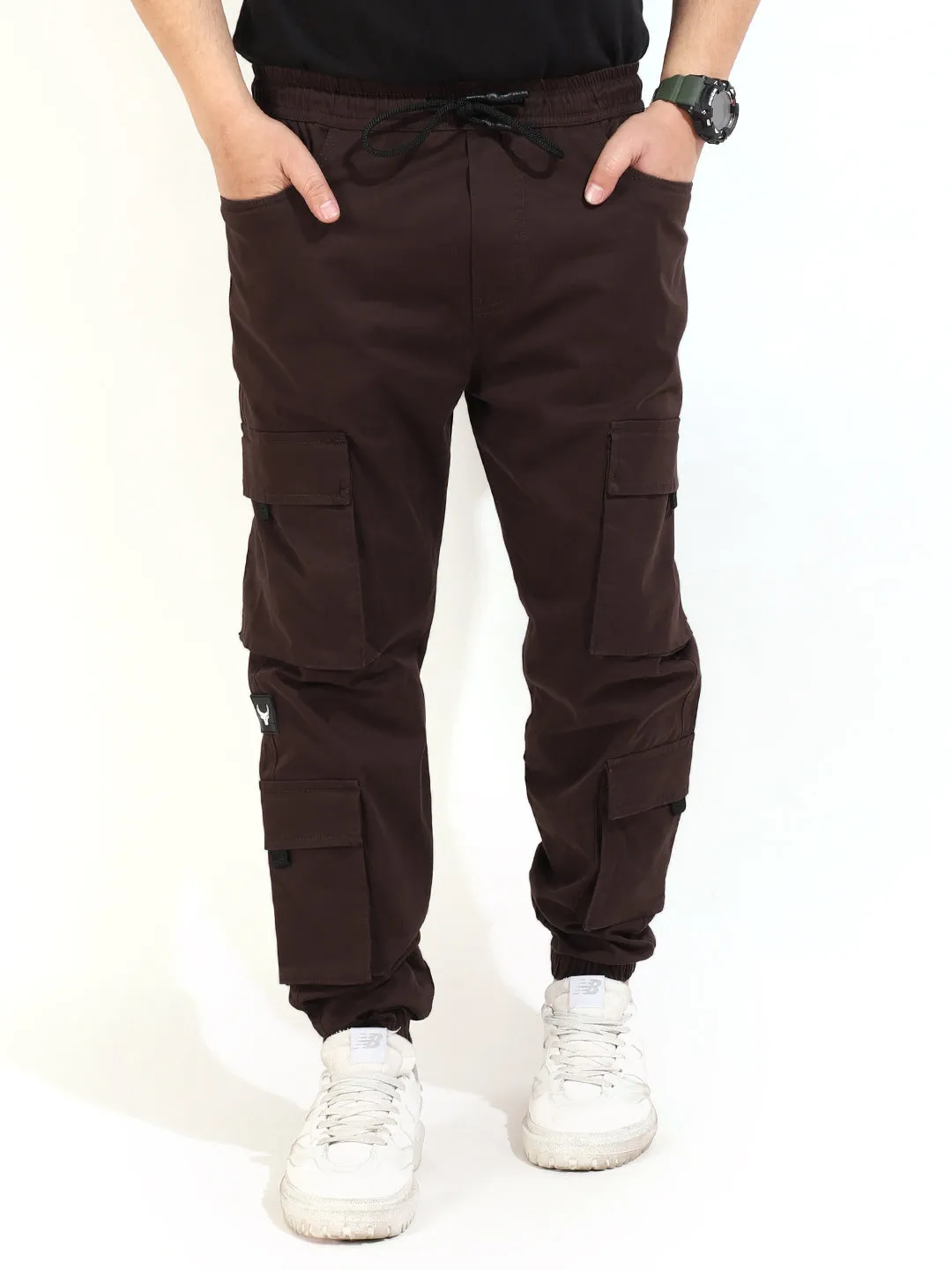 Coffee Cotton Twill Baggy Fit 8 Pocket Cotton Cargo