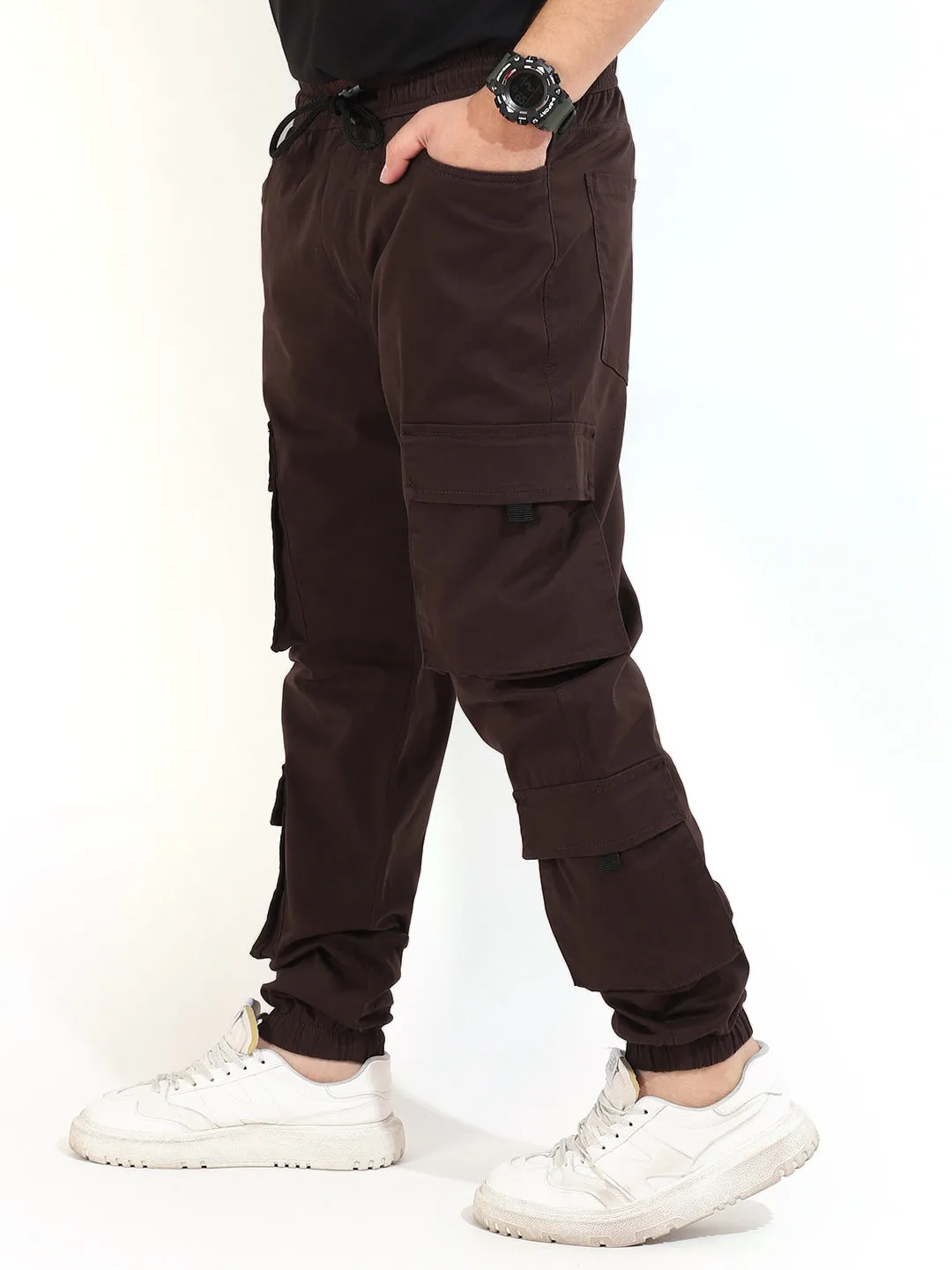 Coffee Cotton Twill Baggy Fit 8 Pocket Cotton Cargo