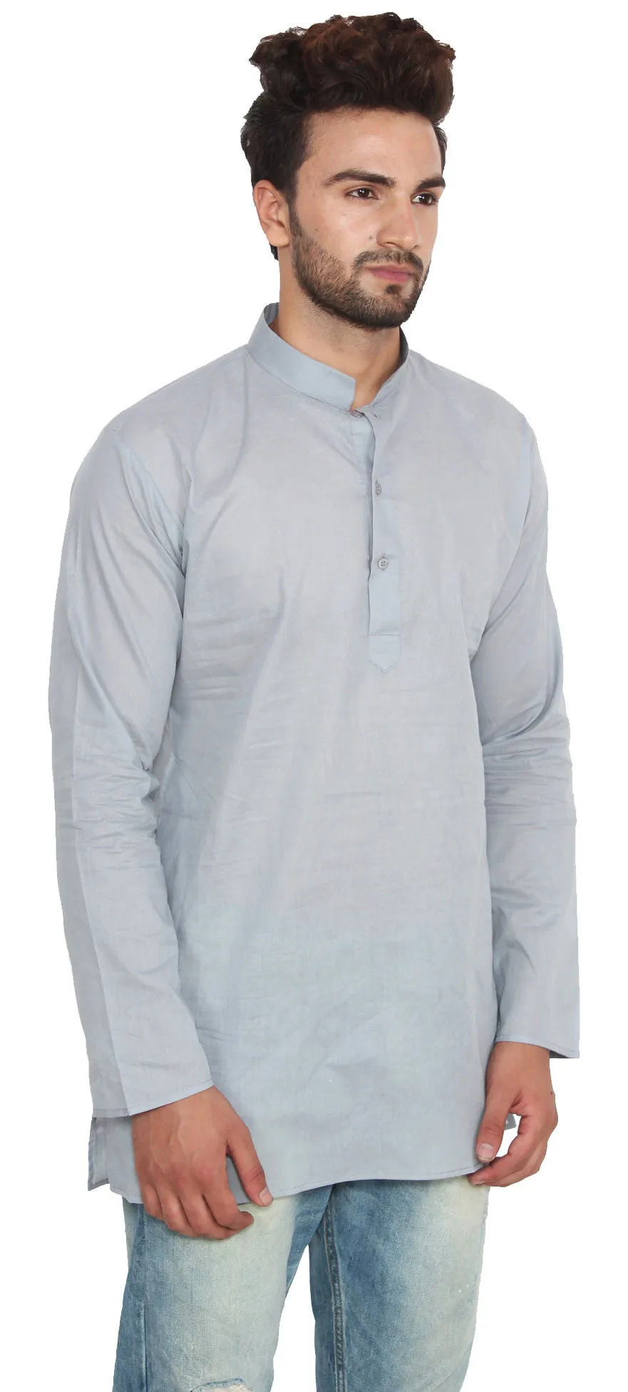 Cotton Indian Dress Mens Short Kurta Shirt Fashion Clothing (Grey)