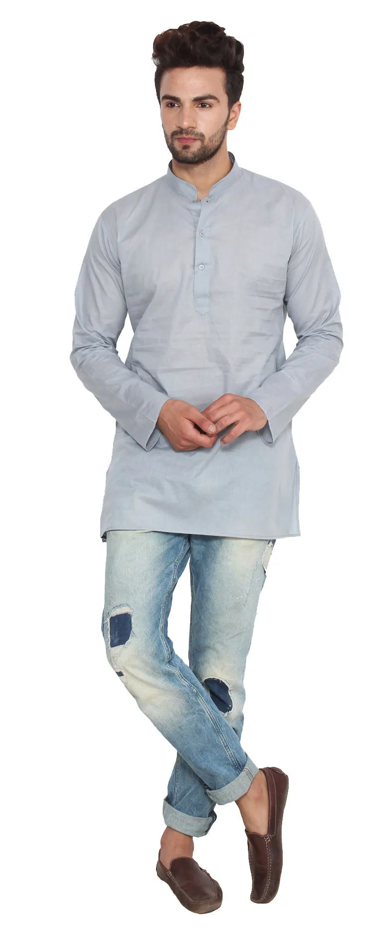 Cotton Indian Dress Mens Short Kurta Shirt Fashion Clothing (Grey)