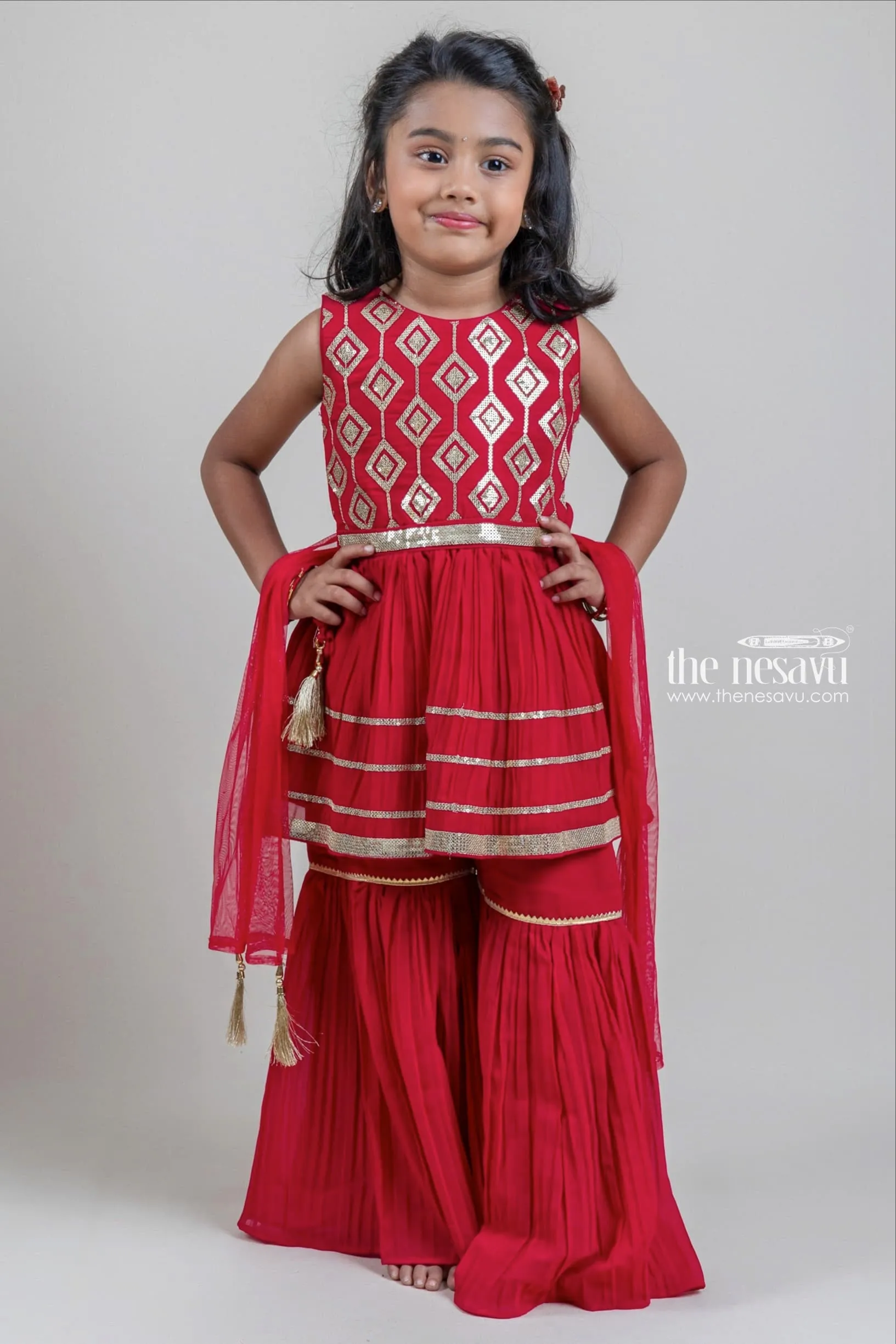 Dazzling Red Golden Glitter Sequin Embroidered Top With Palazzo Suit For Girls