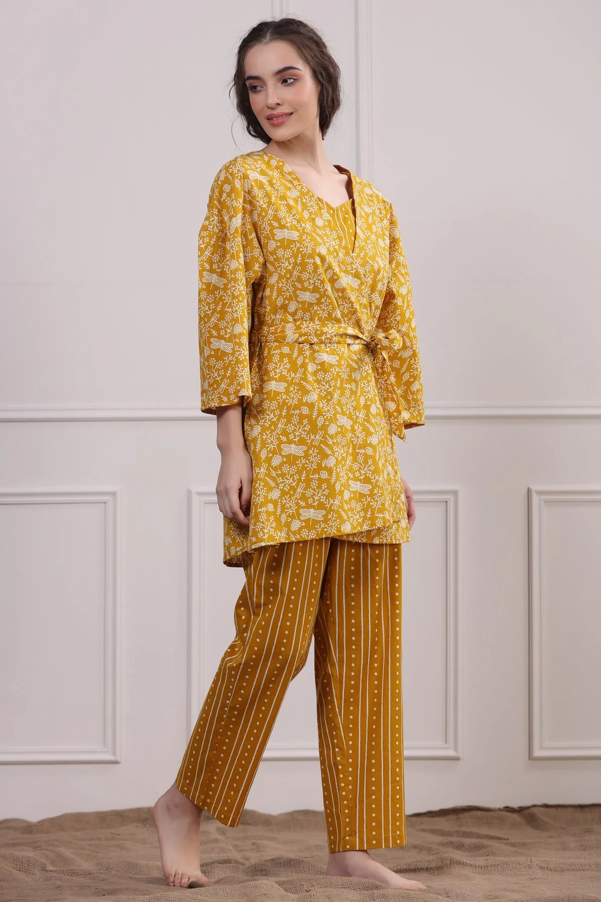 Dragonflies on Mustard Cotton Three piece set