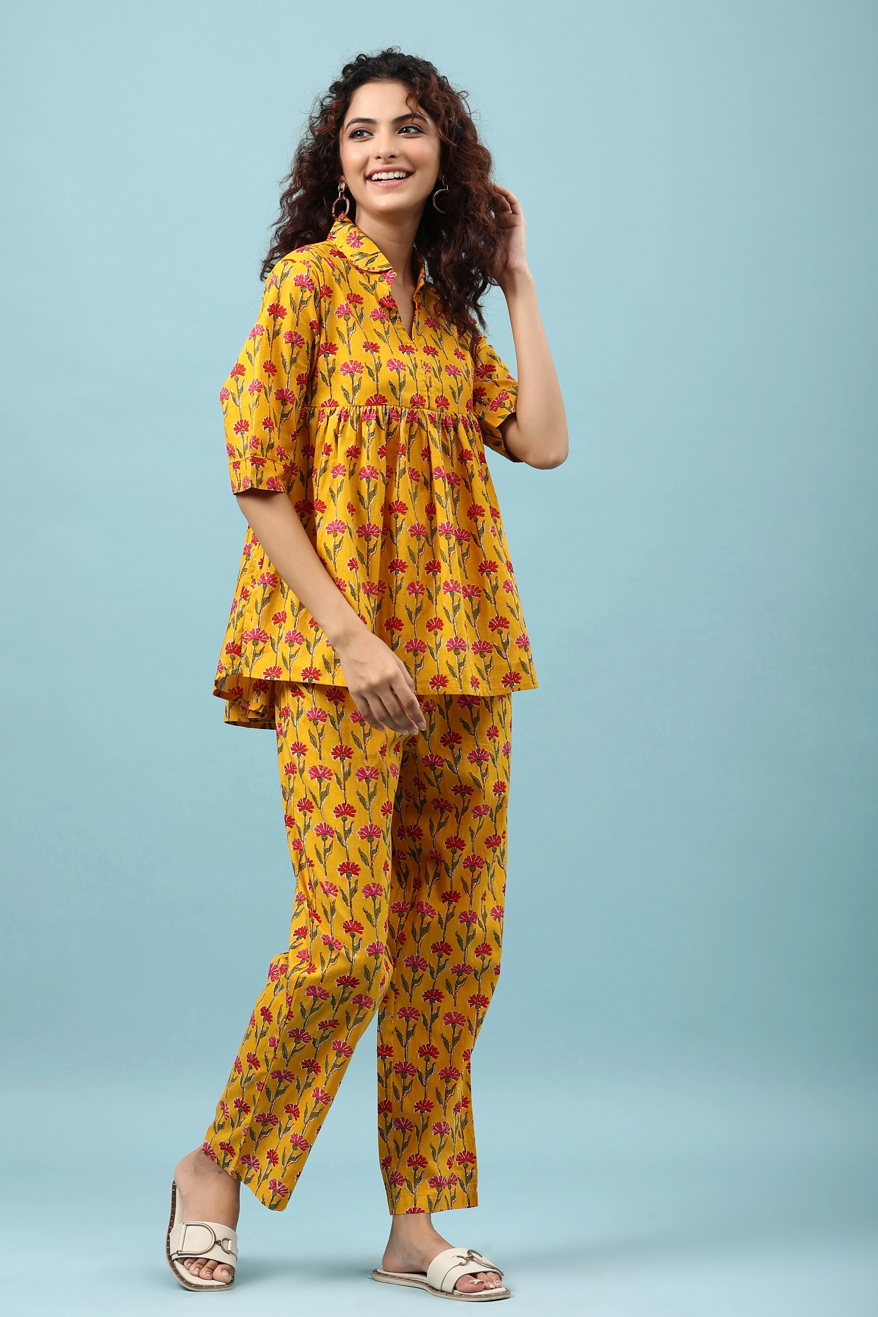 Flowing Flower on Mustard Peplum Top Set