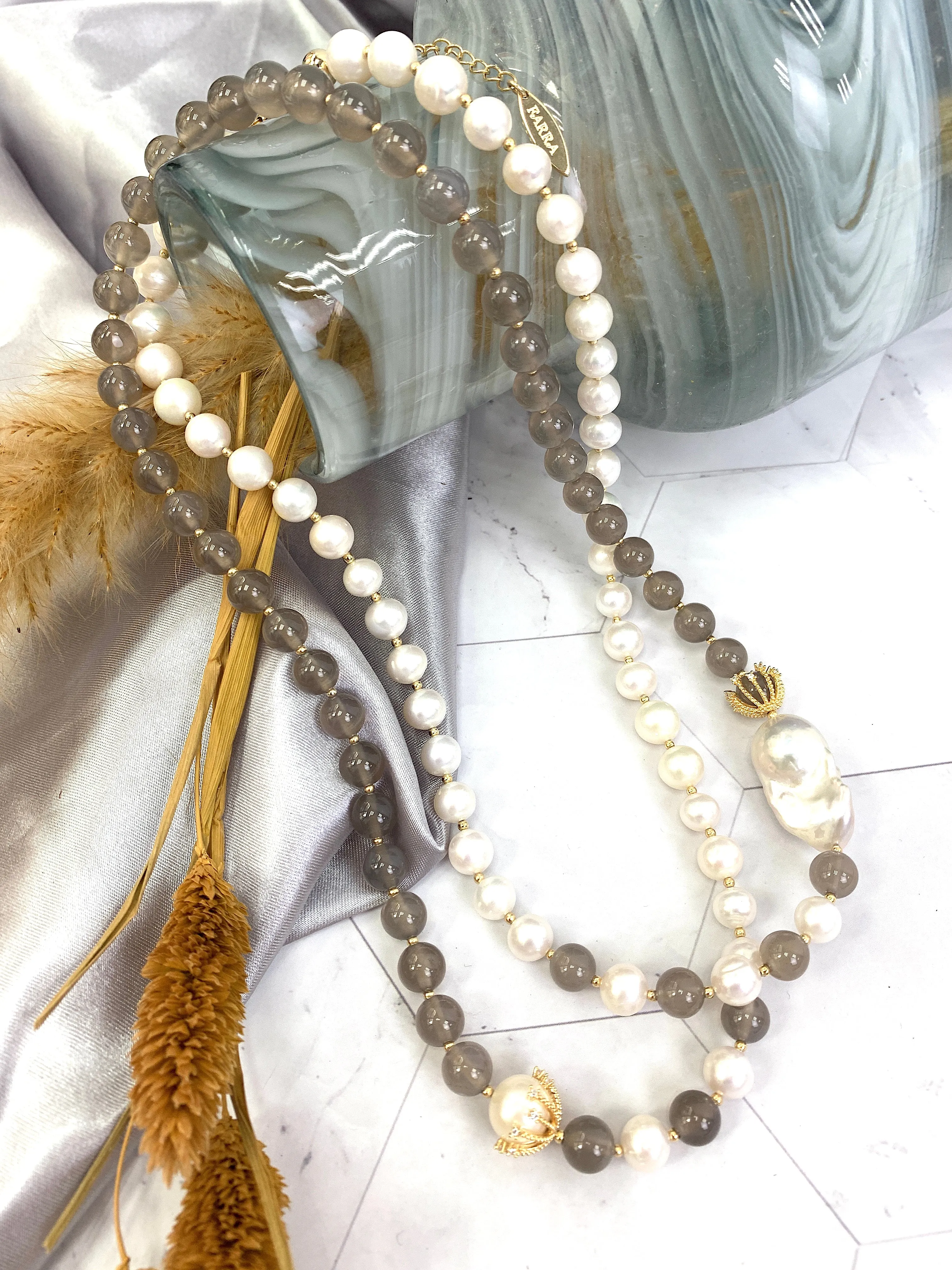 Freshwater Pearls And Gray Agate With Baroque Pearls Long Necklace HN025