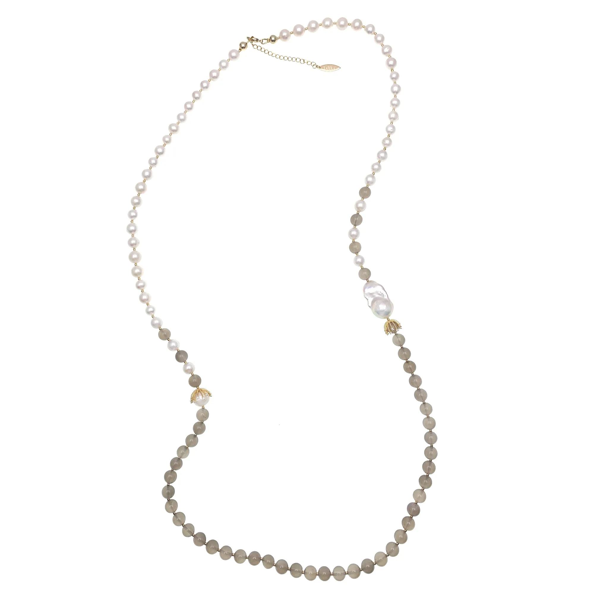 Freshwater Pearls And Gray Agate With Baroque Pearls Long Necklace HN025