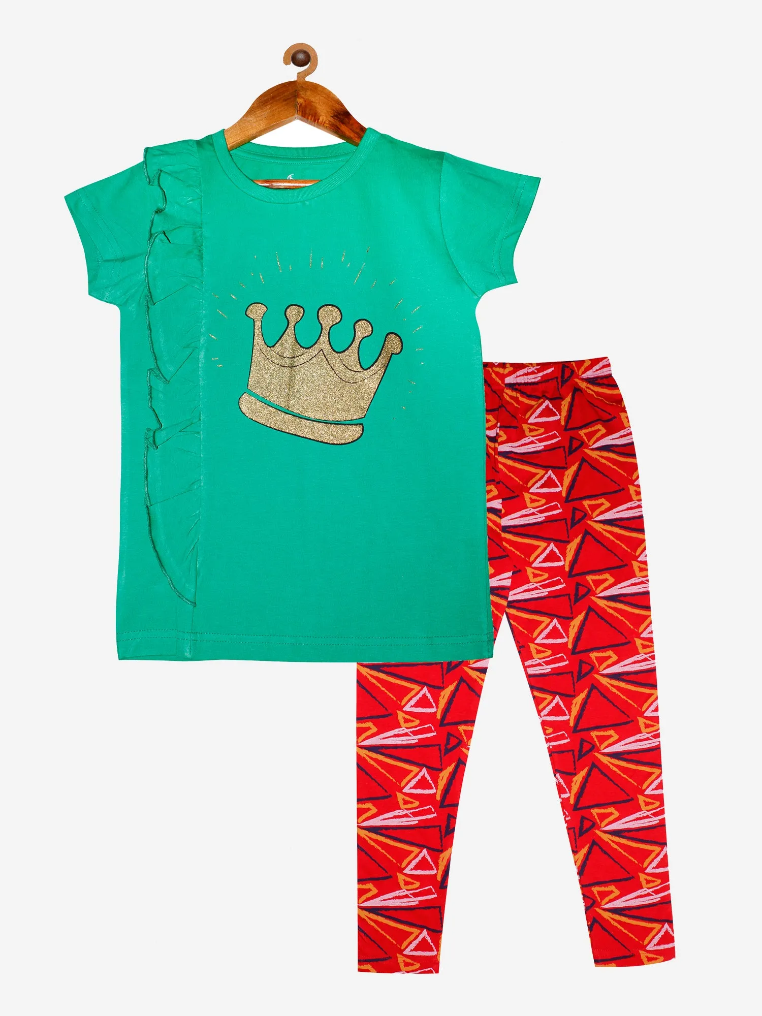 Girls Cotton T-shirt with Frill & Printed Leggings Set