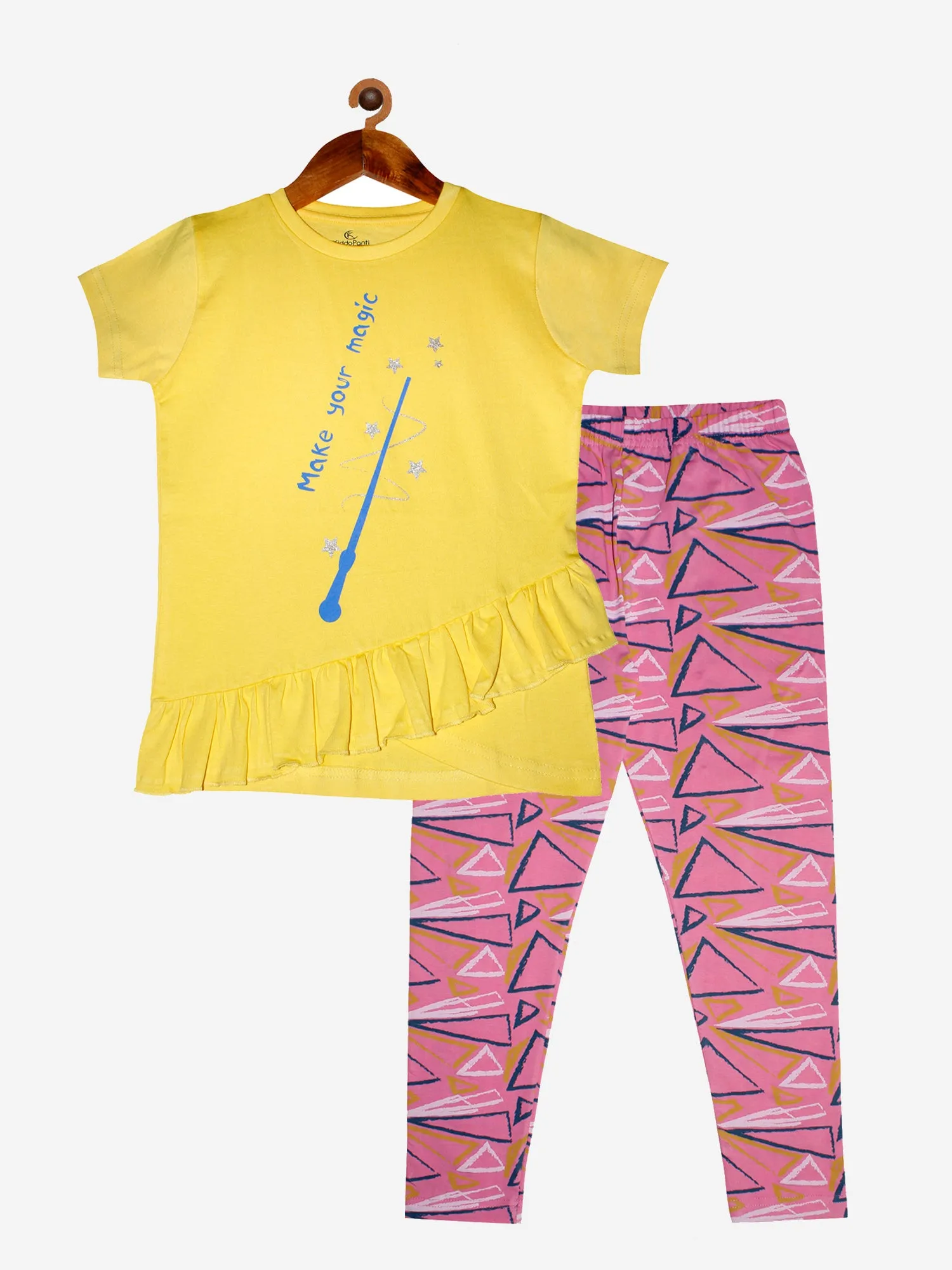 Girls Cotton T-shirt with Frill & Printed Leggings Set