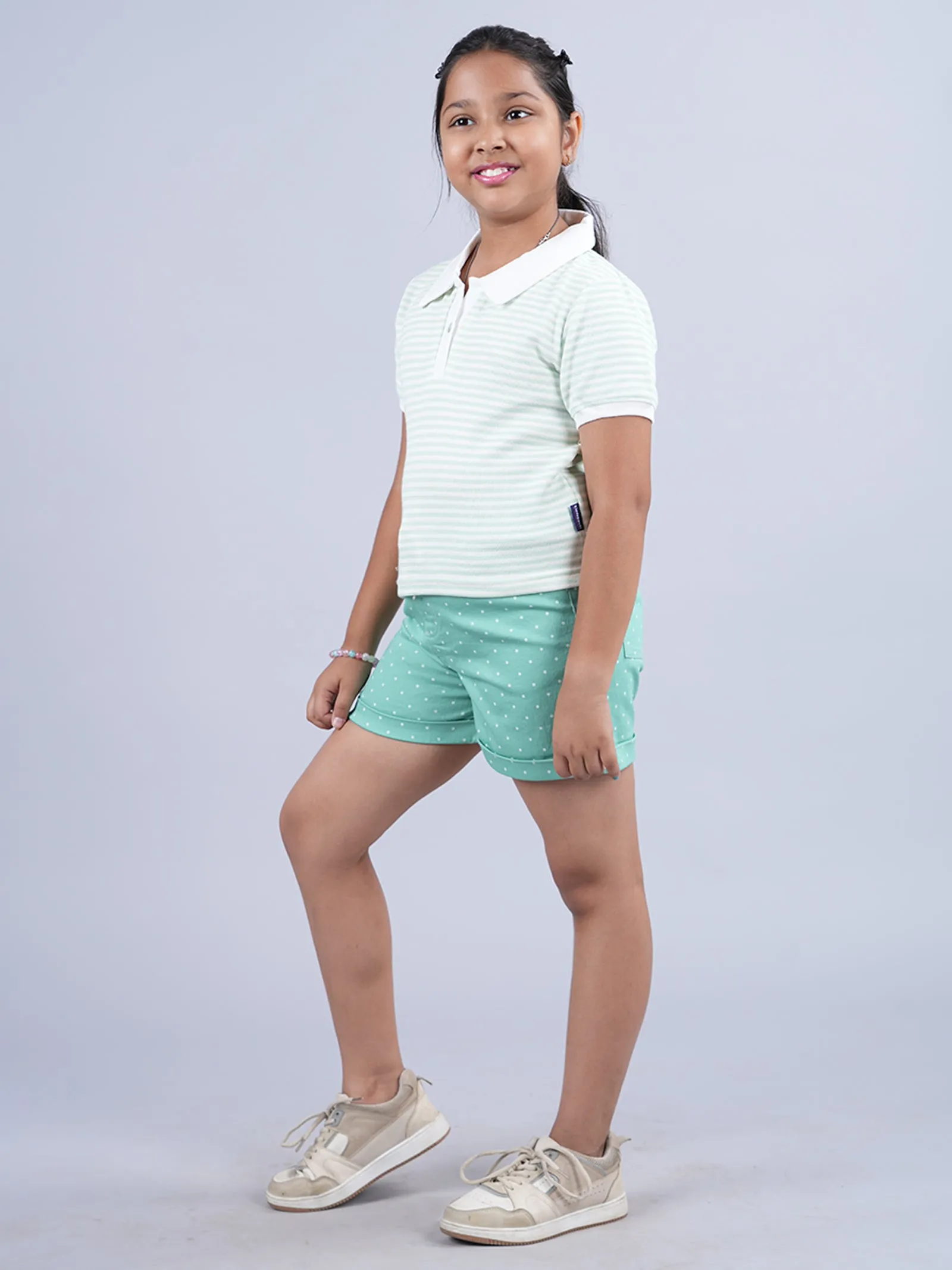 Girls Crop Length Polo Tee & Roll Up Hot Shorts Set