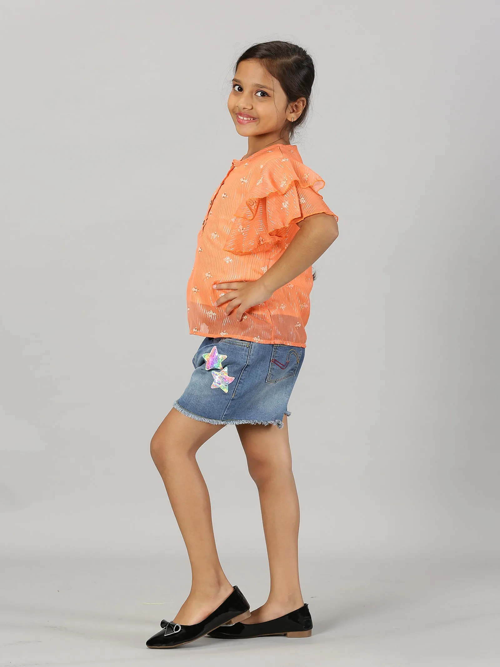 Girls Frill Layered Sleeve Top & Denim Shorts Set