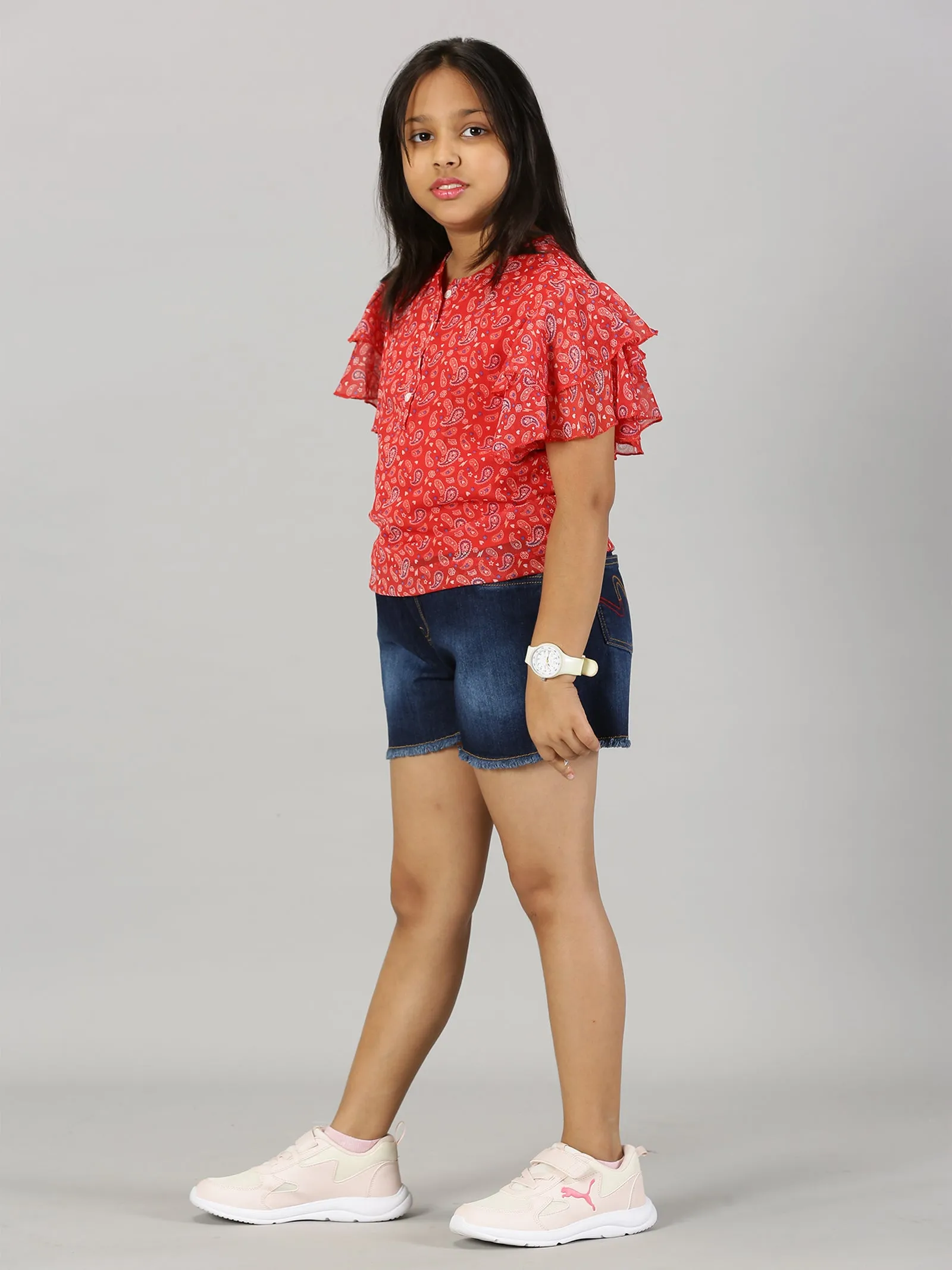 Girls Frill Layered Sleeve Top & Denim Shorts Set