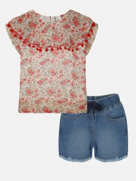 Girls Pom Pom Lace Top & Denim Hot Shorts Set