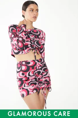 Glamorous Care Pink Circle Print Drawstring Ruched Mini Skirt