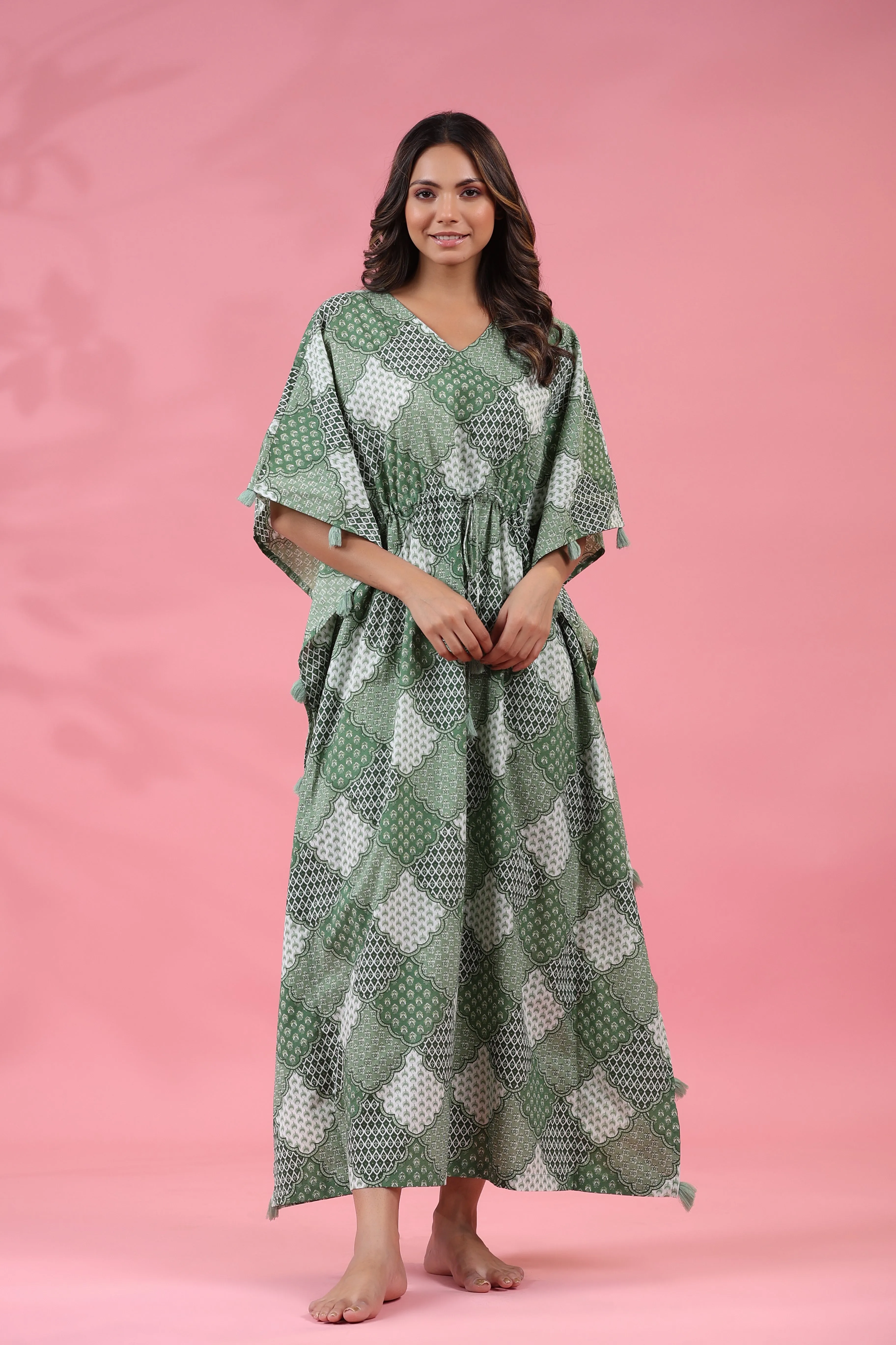 Green Jharokha Cotton Kaftan