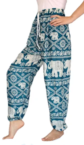 Green Turquoise Elephant Harem Pants With Drawstring Waist