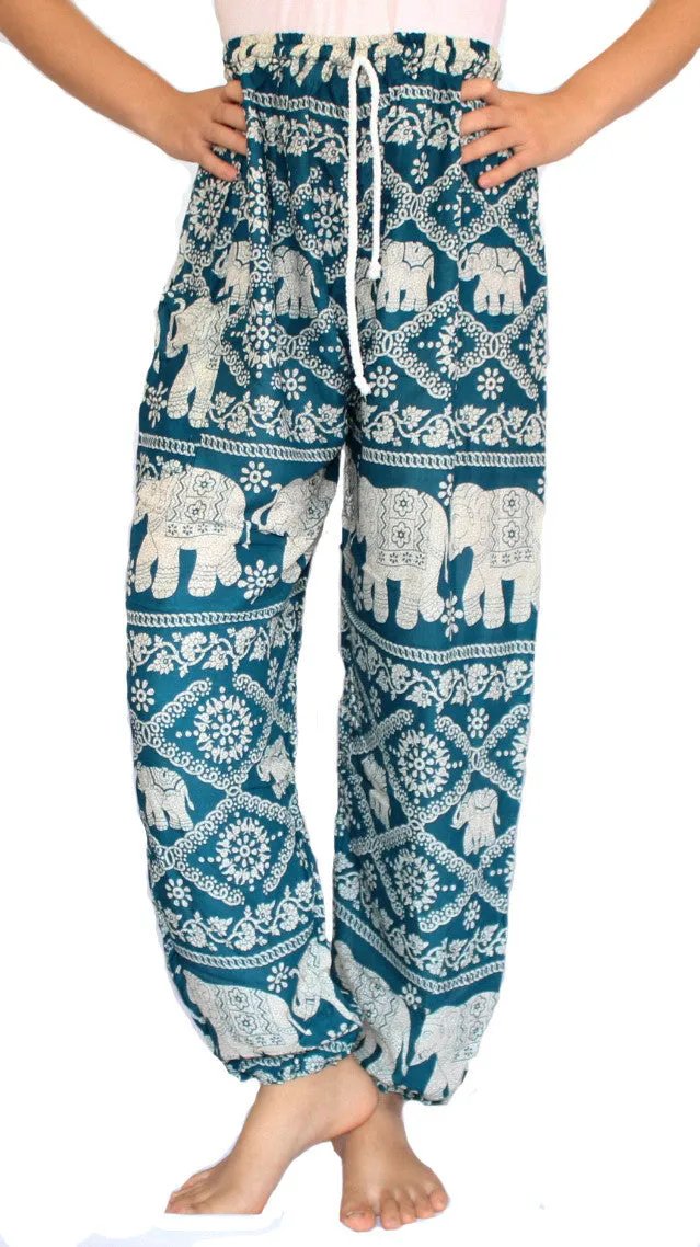 Green Turquoise Elephant Harem Pants With Drawstring Waist