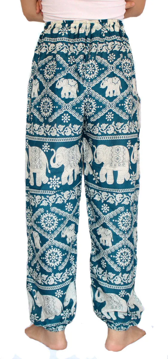 Green Turquoise Elephant Harem Pants With Drawstring Waist