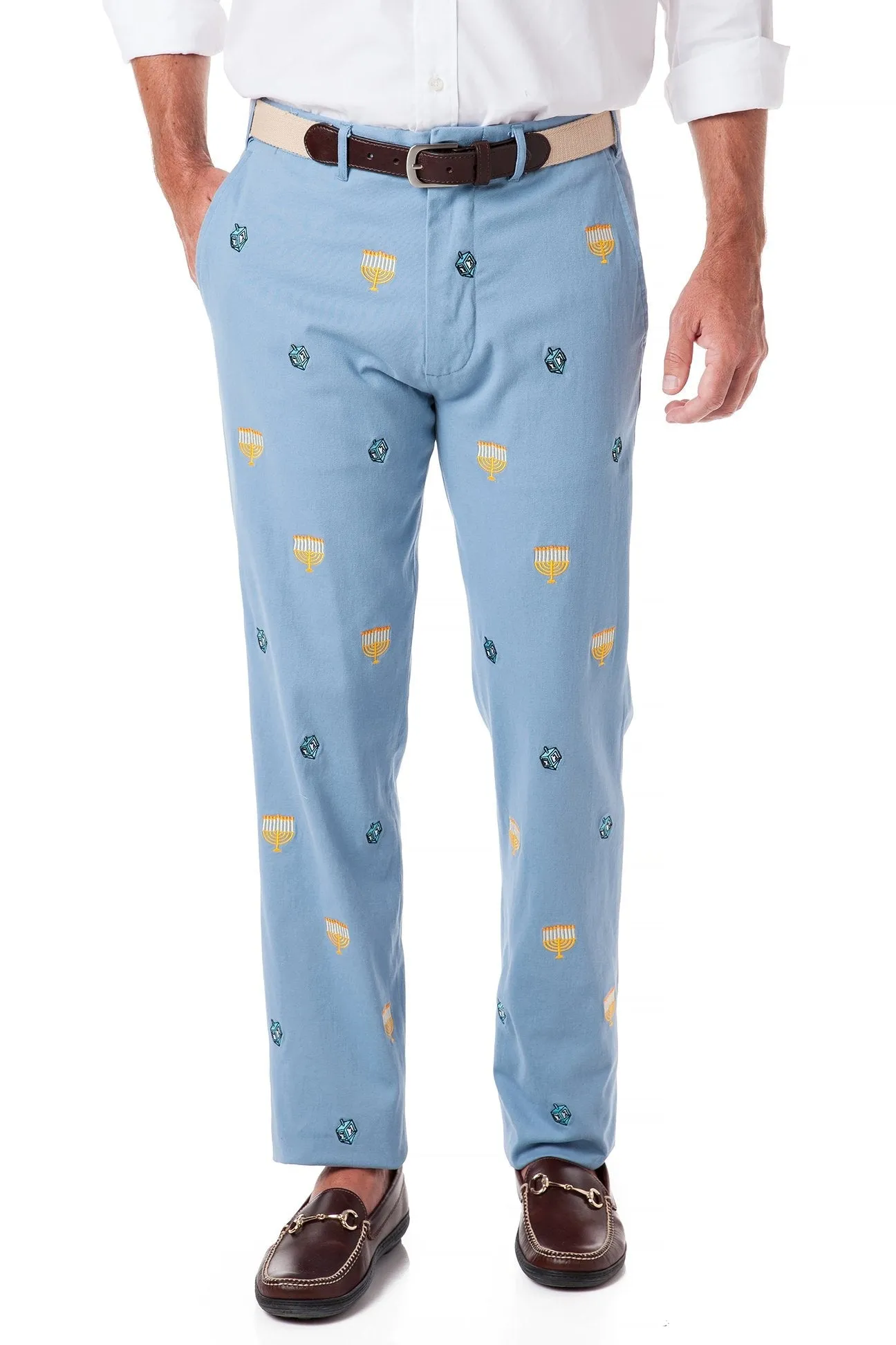 Harbor Pant Stretch Twill Storm Blue with Menorah & Dreidel