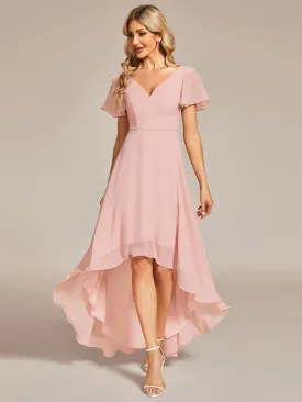 High Low Short Sleeve Chiffon Evening Dresses