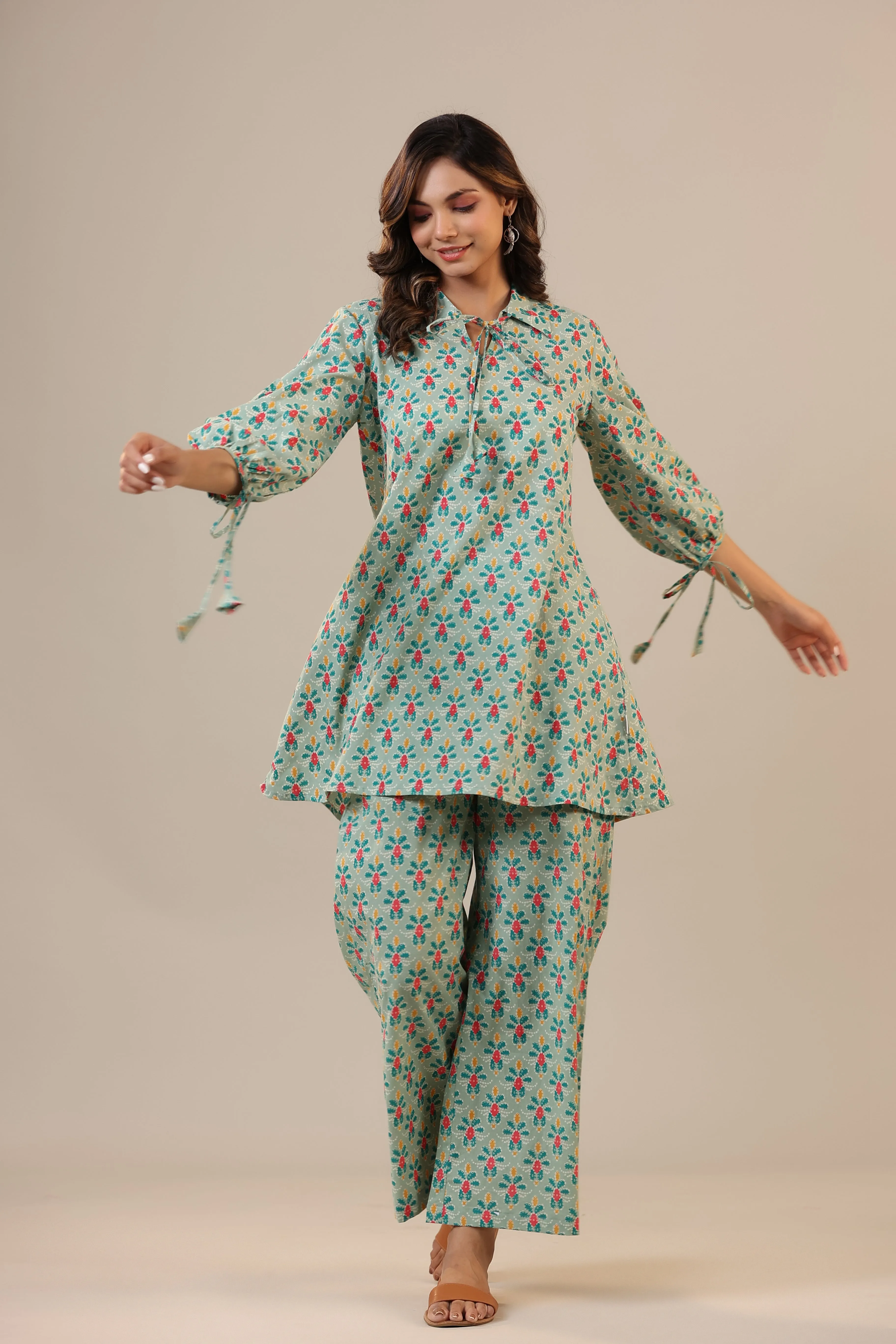 Ikat Checkered Florals on Cotton Collared Loungewear Set