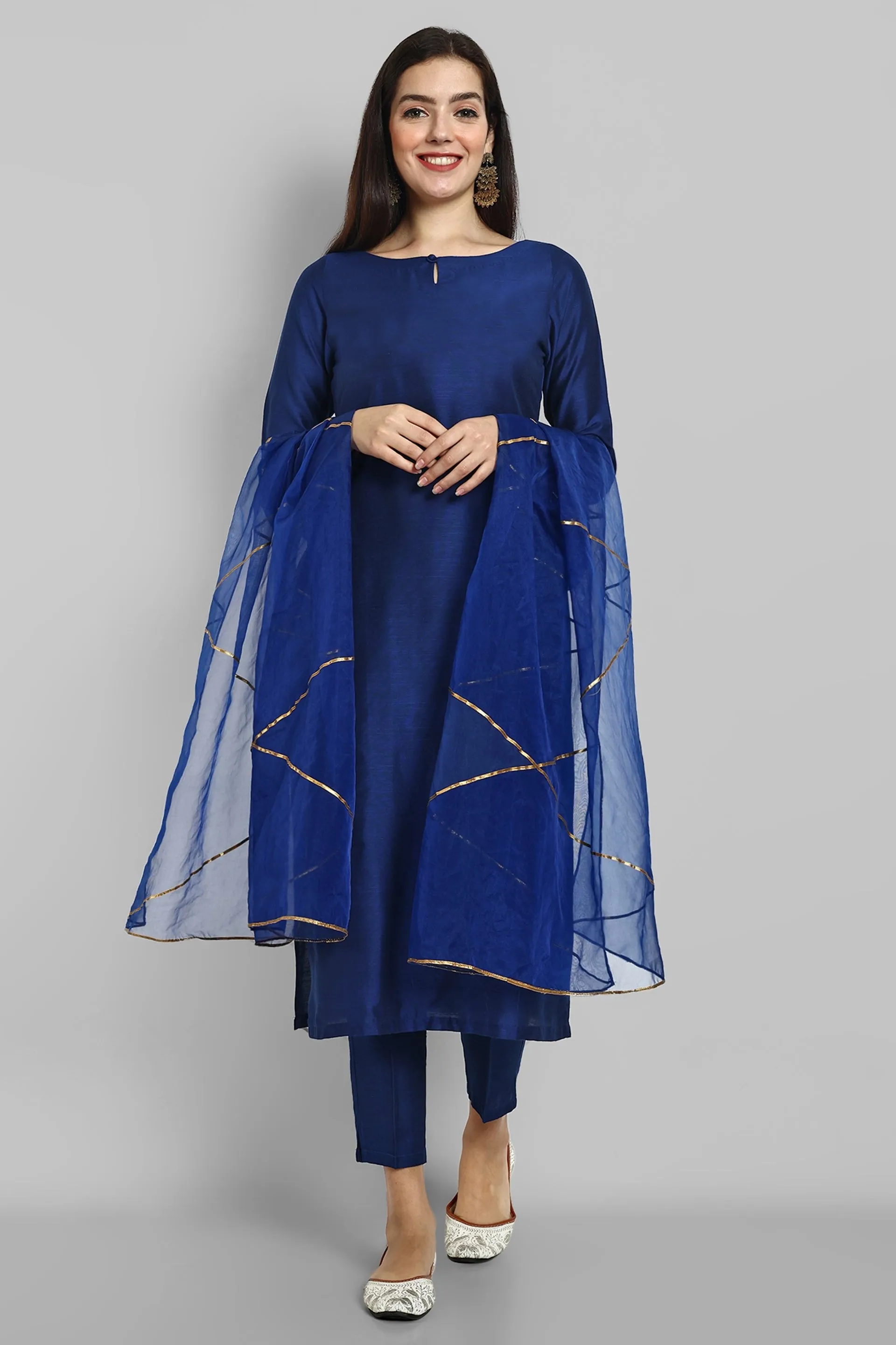 Key hole Ink Blue Boat Neck Style with elasticated pant and Organza Dupatta - Set of 3