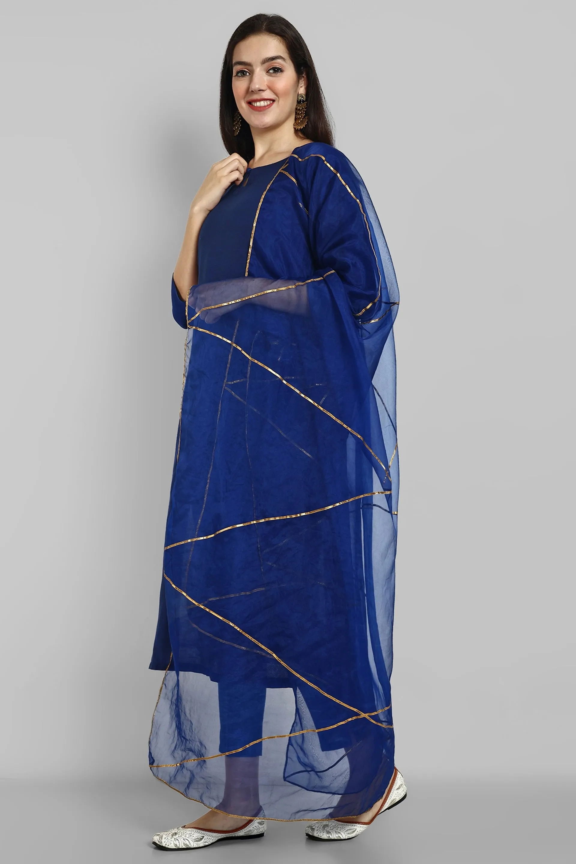 Key hole Ink Blue Boat Neck Style with elasticated pant and Organza Dupatta - Set of 3