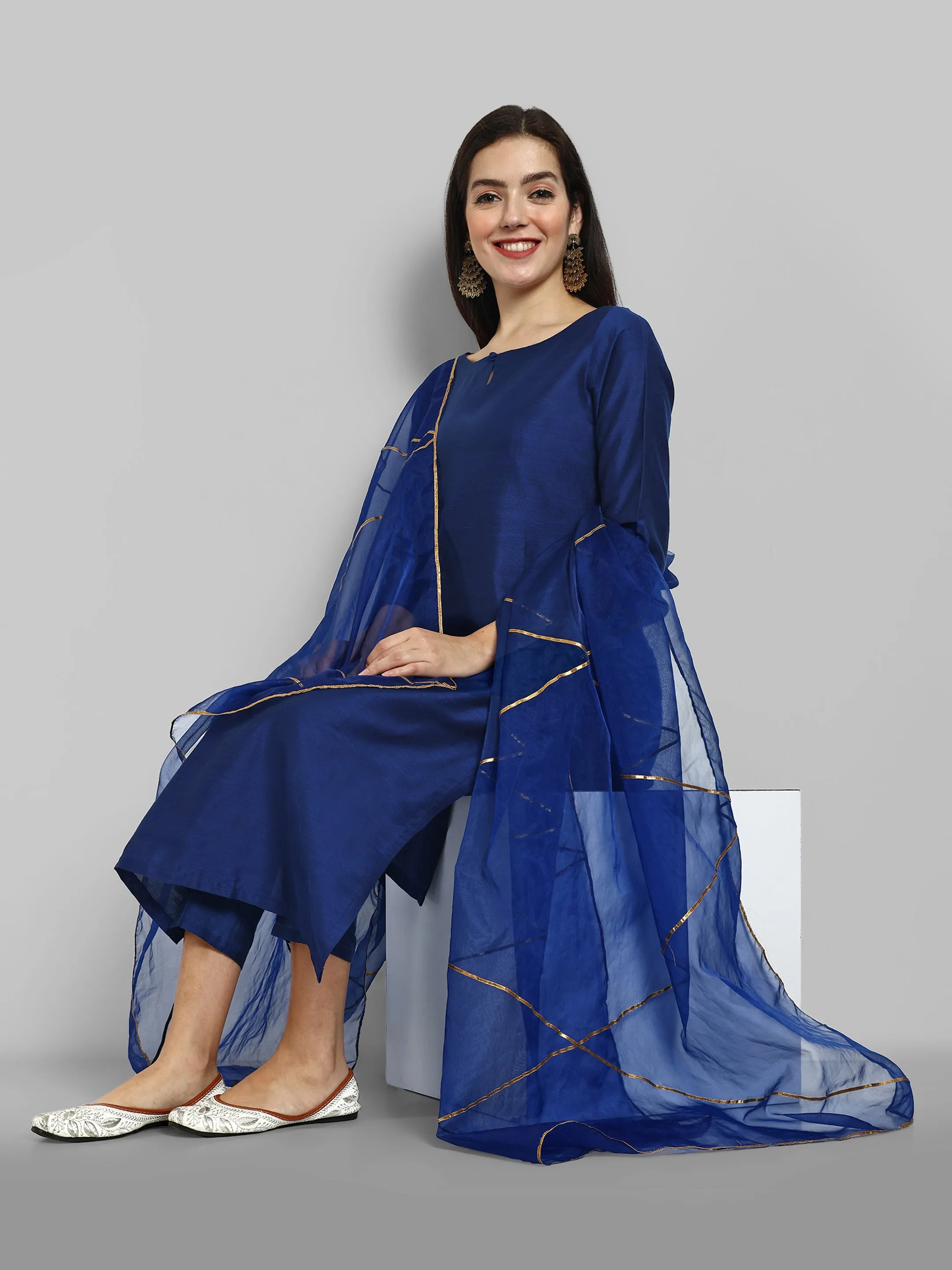 Key hole Ink Blue Boat Neck Style with elasticated pant and Organza Dupatta - Set of 3