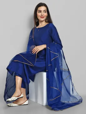 Key hole Ink Blue Boat Neck Style with elasticated pant and Organza Dupatta - Set of 3