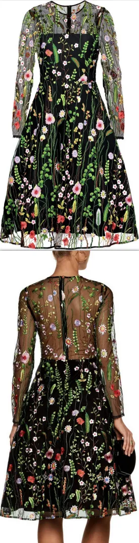 'Lou' Floral Embroidered Dress, Black