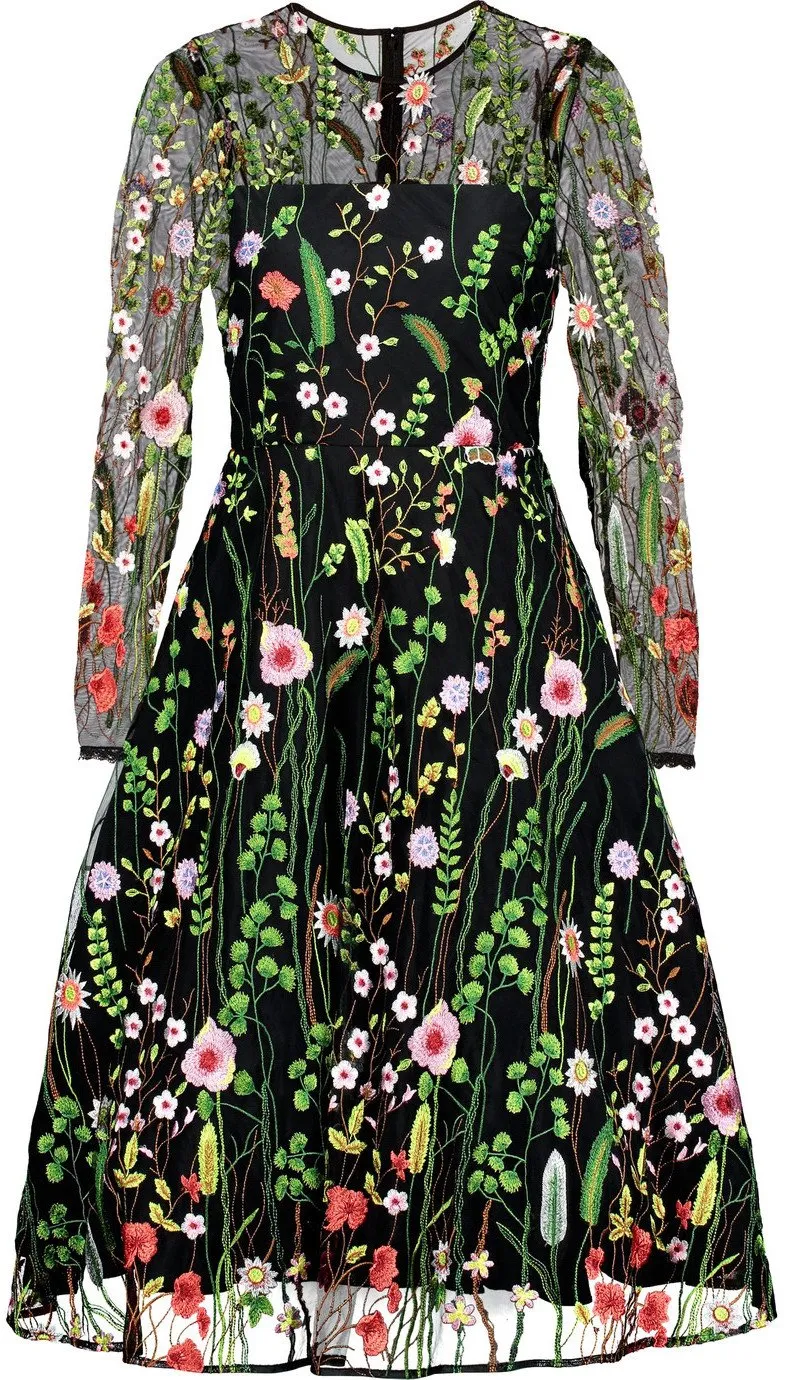 'Lou' Floral Embroidered Dress, Black