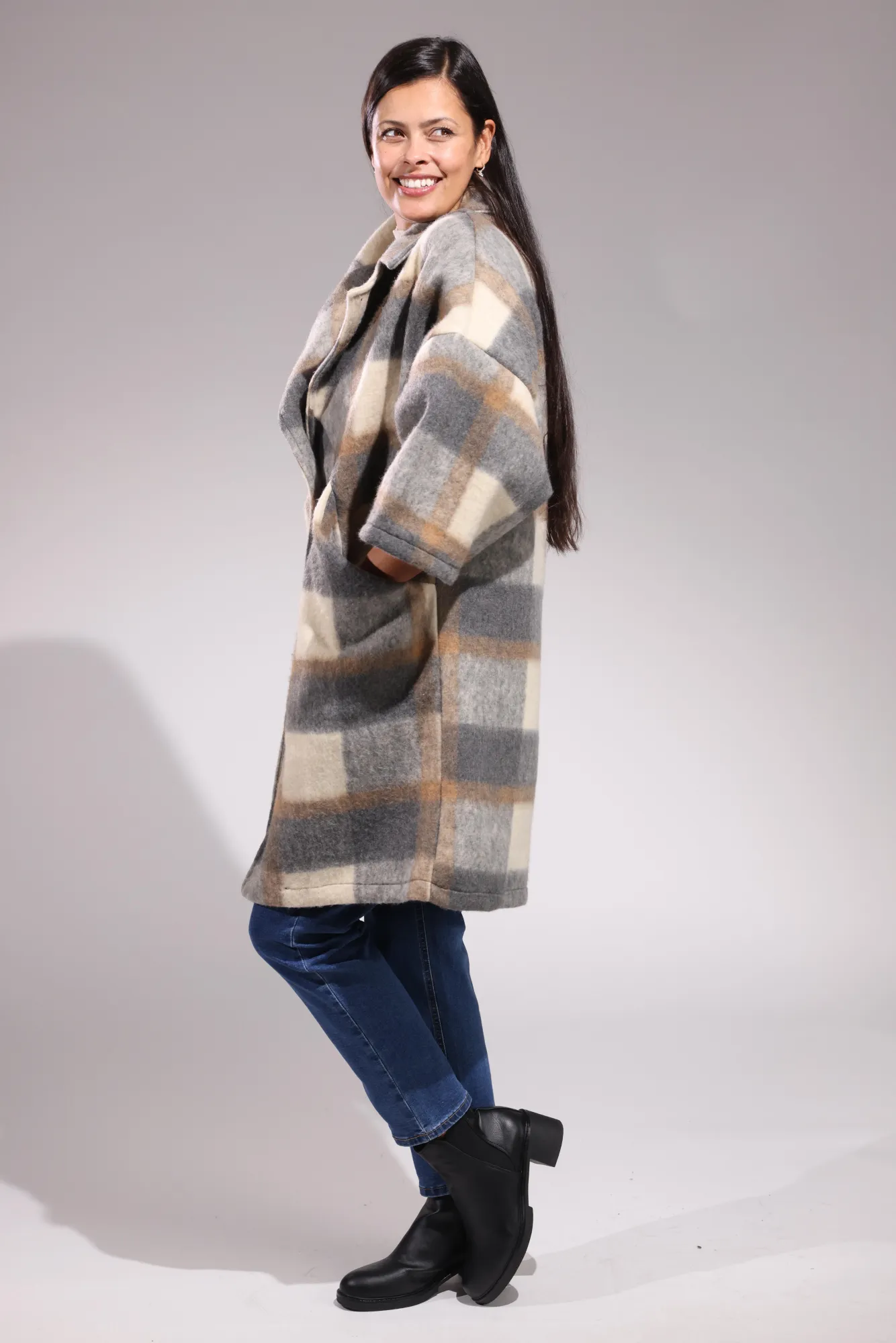 Made in Italy 3/4 sleeve Coat | Grey/Beige Check | 0201ZZ