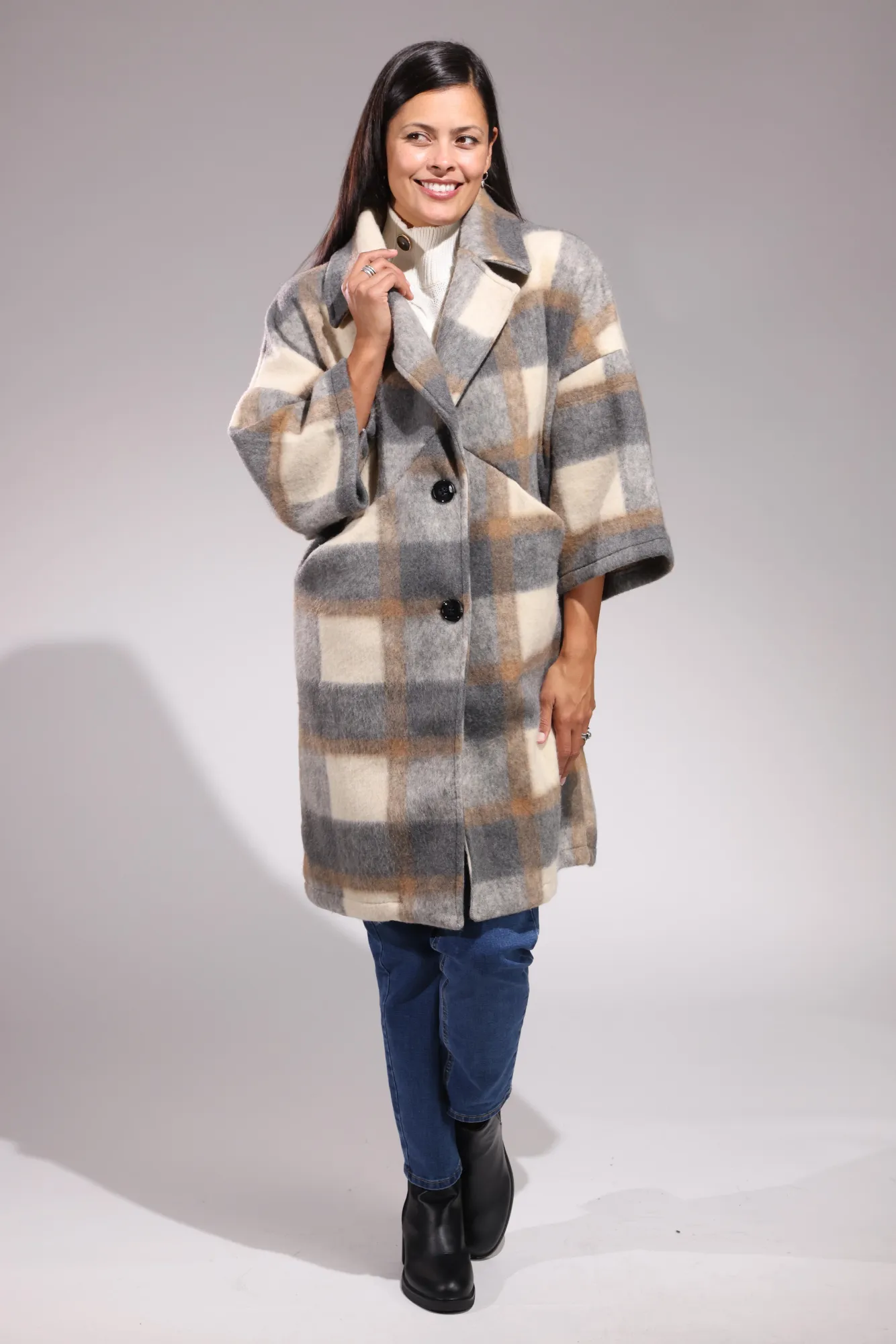 Made in Italy 3/4 sleeve Coat | Grey/Beige Check | 0201ZZ