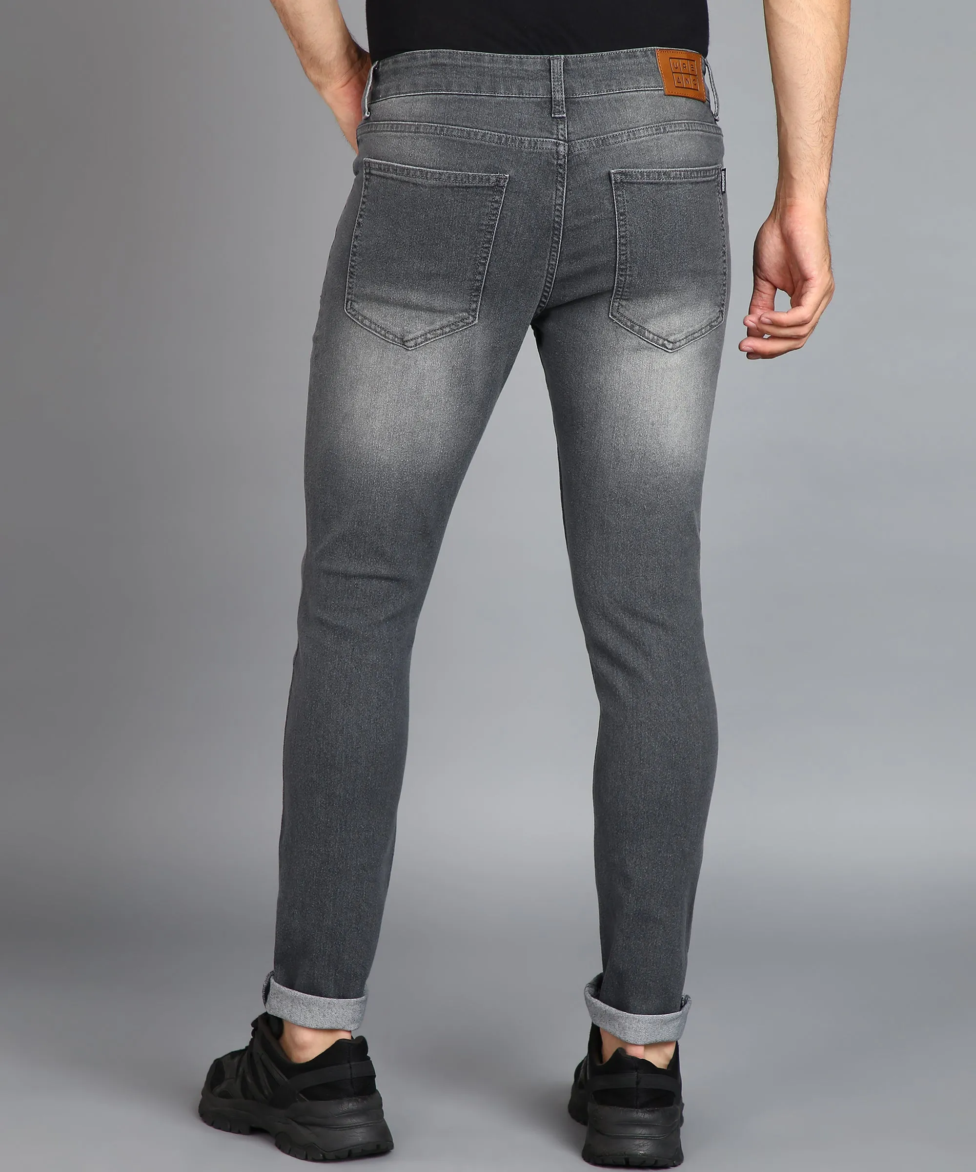 Men's Grey Regular Fit Washed Jeans Stretchable