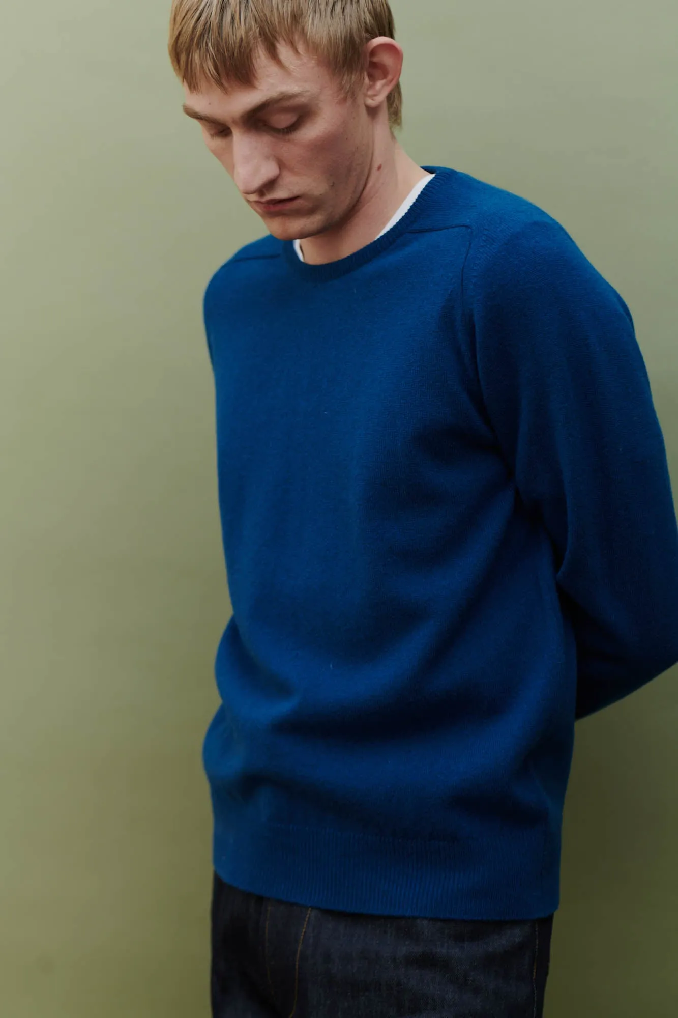 Men's Lambswool Saddle Shoulder Crew Neck - Bright Blue