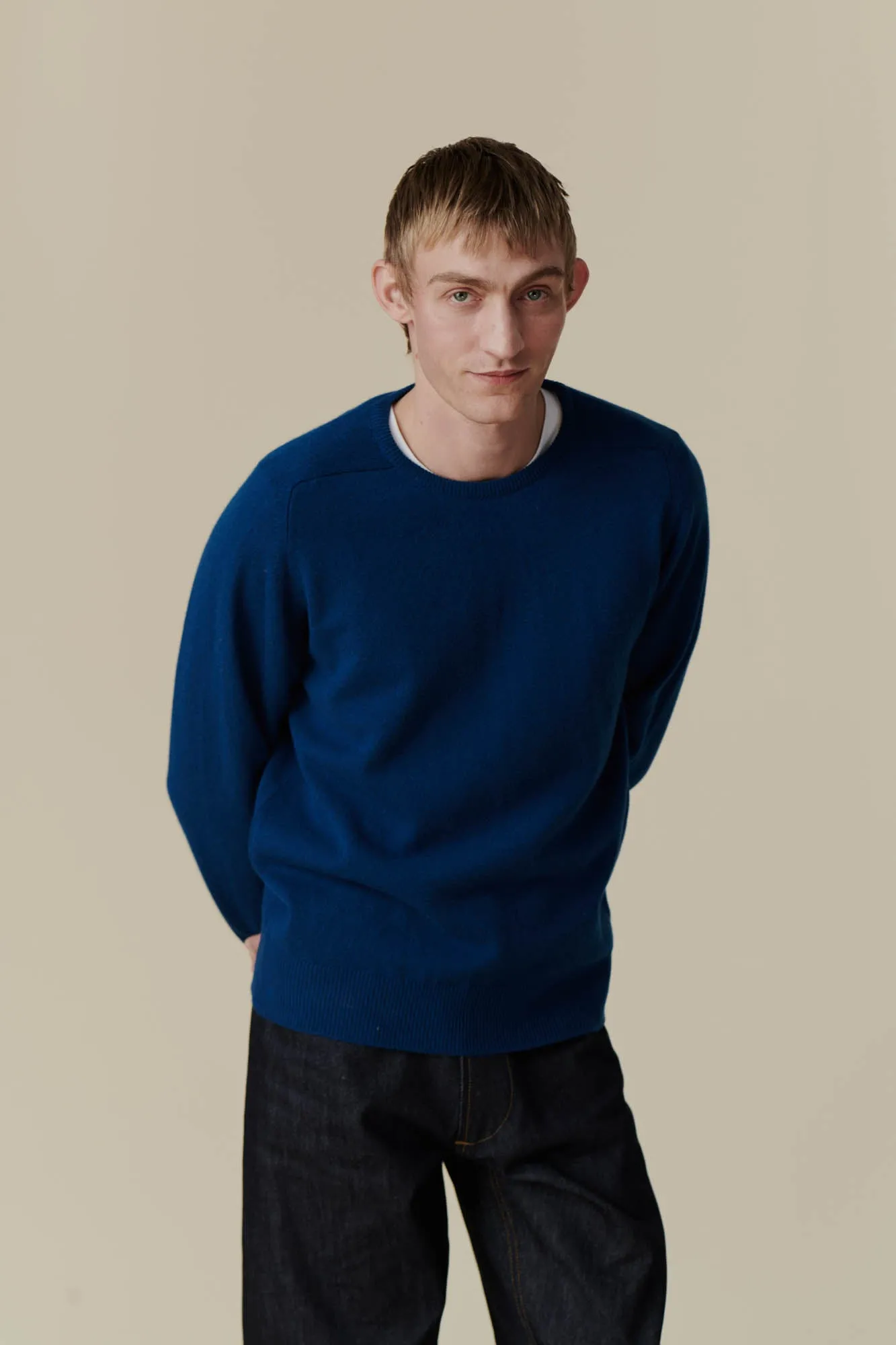 Men's Lambswool Saddle Shoulder Crew Neck - Bright Blue