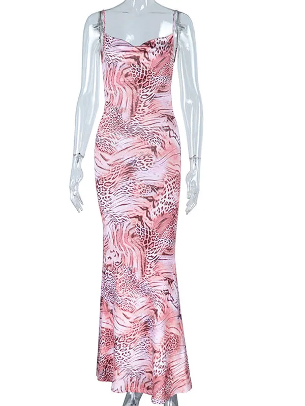 Momnfancy Pink Bodycon Mermaid Backless Cheetach Print Chic Party Maternity Maxi Dress