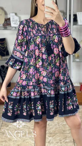 Navy Floral Print A-Line Dress