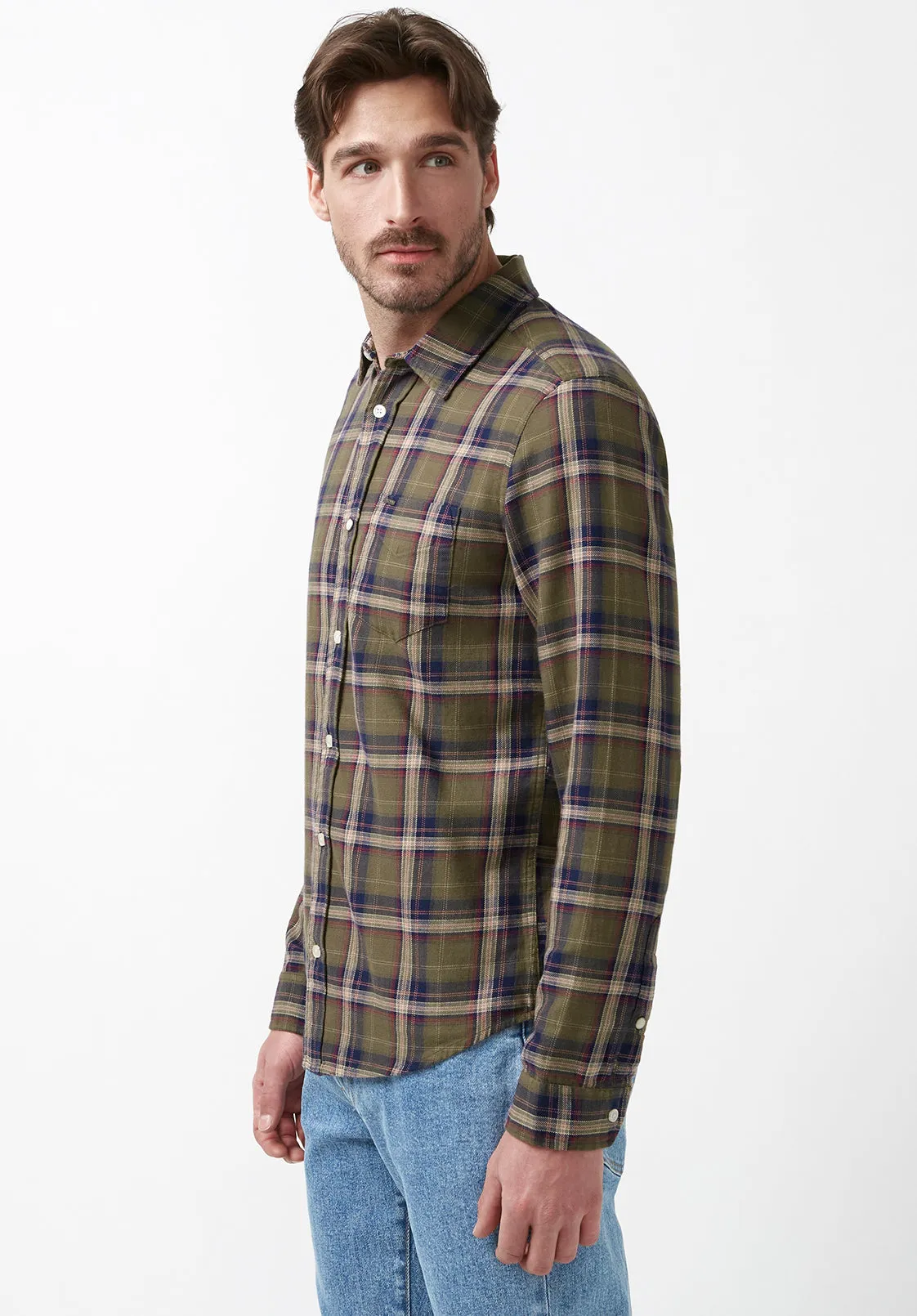 Sago Men’s Long-Sleeve Shirt in Olive Green Plaid - BM24029