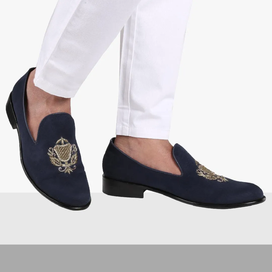 San Luis Navy Blue Hand-Embroidered Suede Loafers