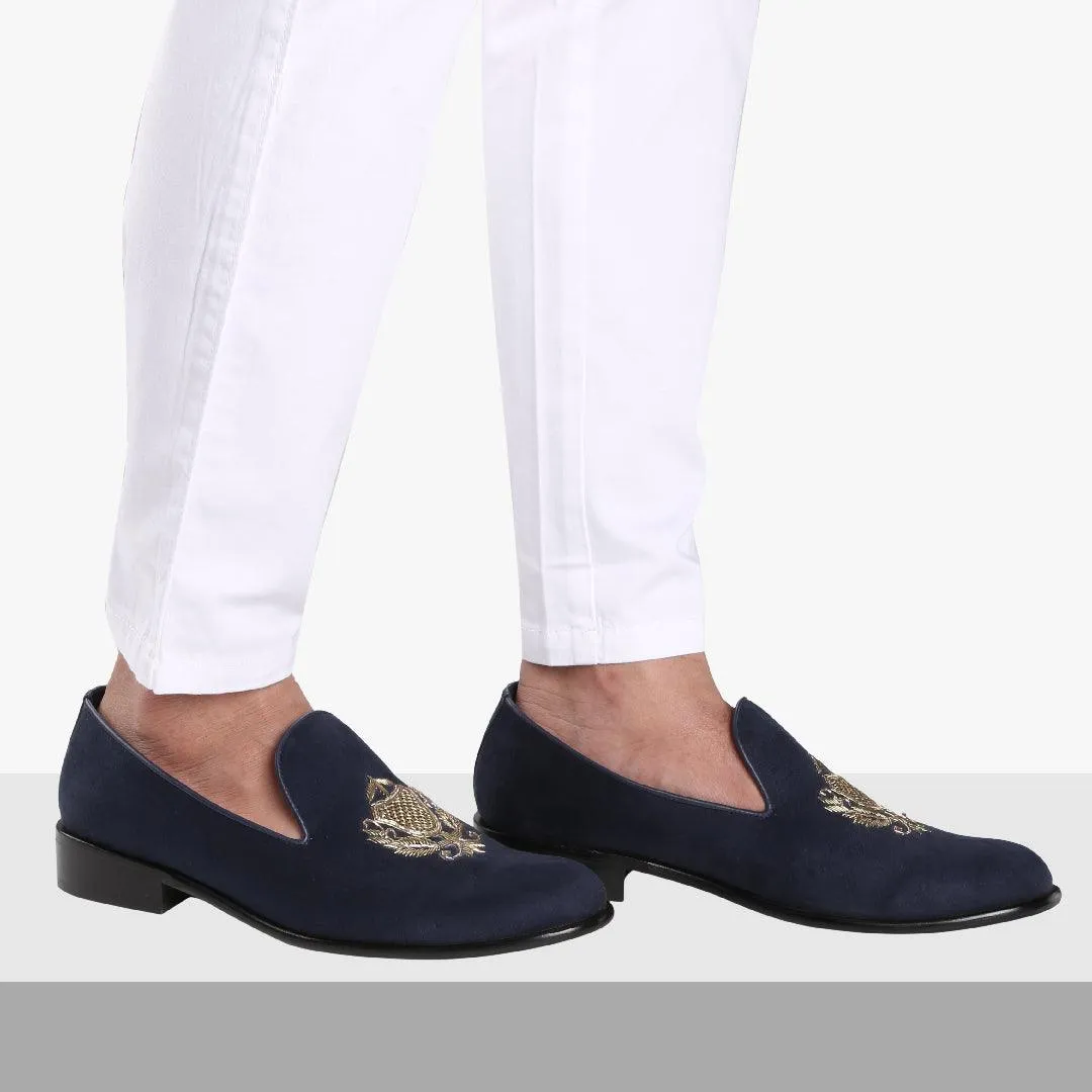 San Luis Navy Blue Hand-Embroidered Suede Loafers