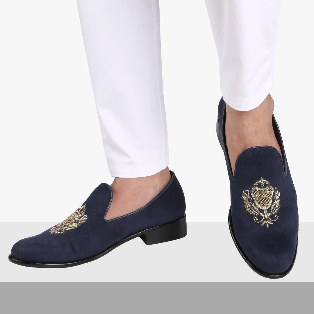 San Luis Navy Blue Hand-Embroidered Suede Loafers