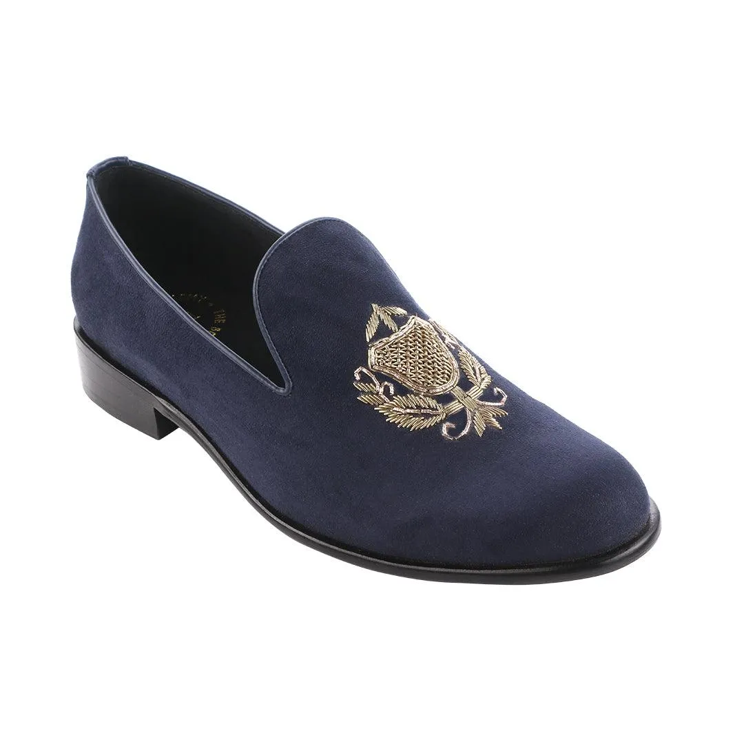 San Luis Navy Blue Hand-Embroidered Suede Loafers